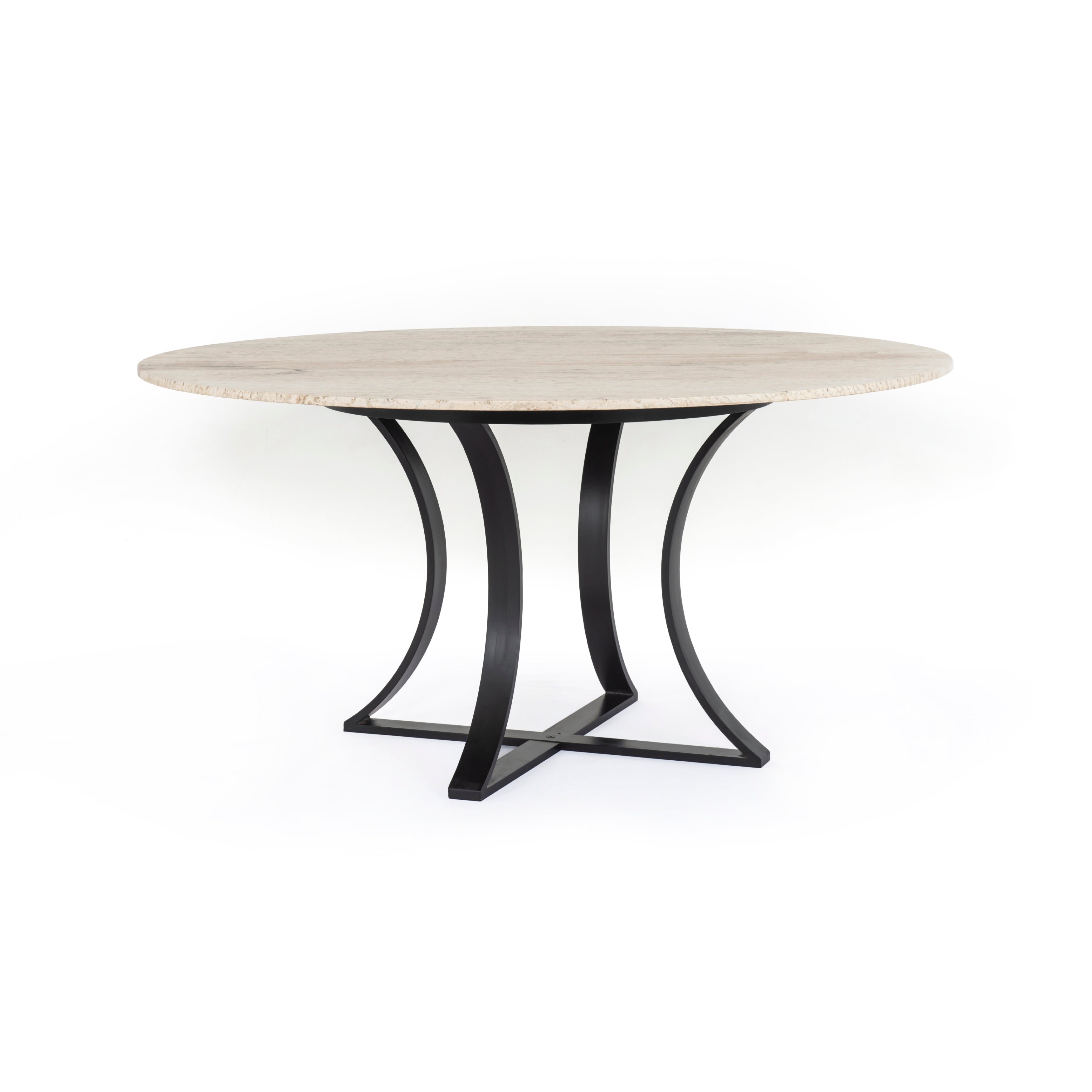 Natural materials take a cue from modern geometry with this Gage Dining Table - White Travertine. Black-finished iron forms unique angles to balance a contrasting tabletop of beautiful white travertine. Seats six to eight comfortably.