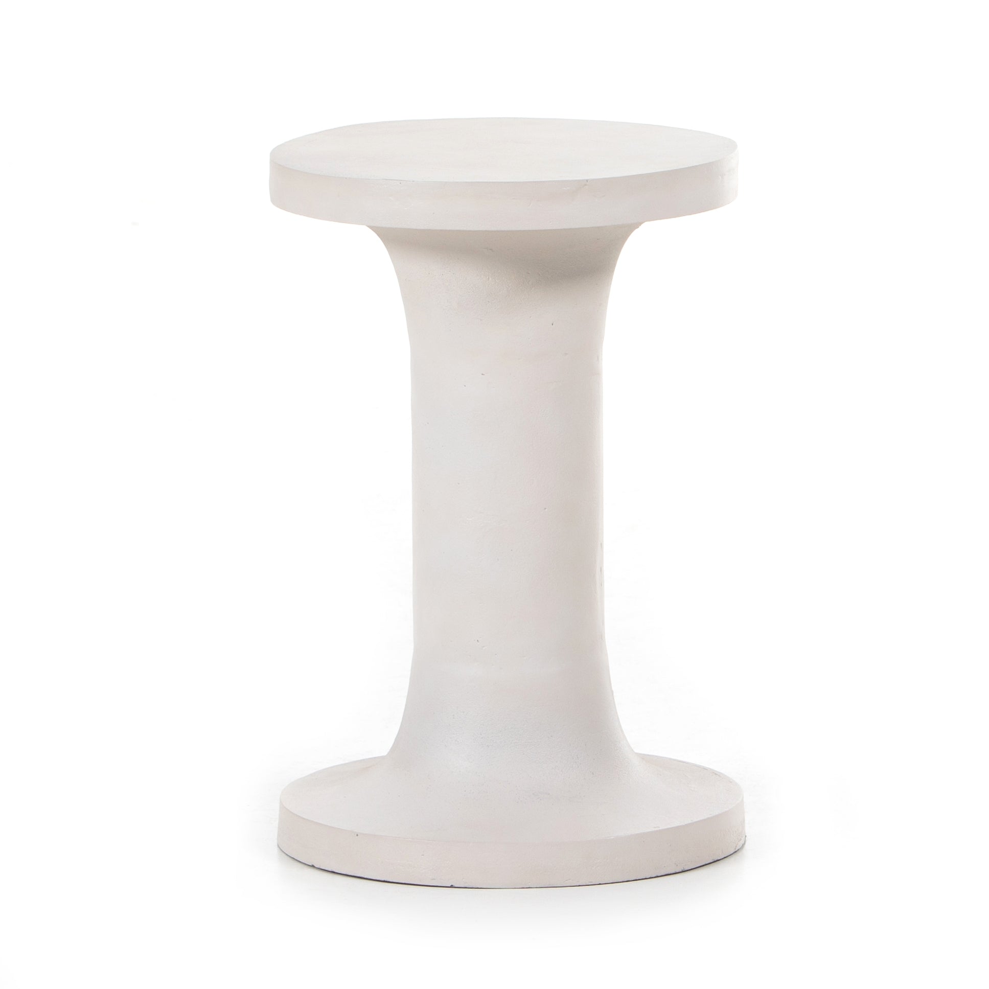 Made from white-finished cast aluminum with high texture, this dramatically tapered Gino End Table - Matte White makes for a stylish spot to keep a favorite book or drink within reach. Tabletop surfaces may vary in texture and dimples, reflective of materials' organic roots.  Overall Dimensions: 13.00"w x 13.00"d x 20.00"h