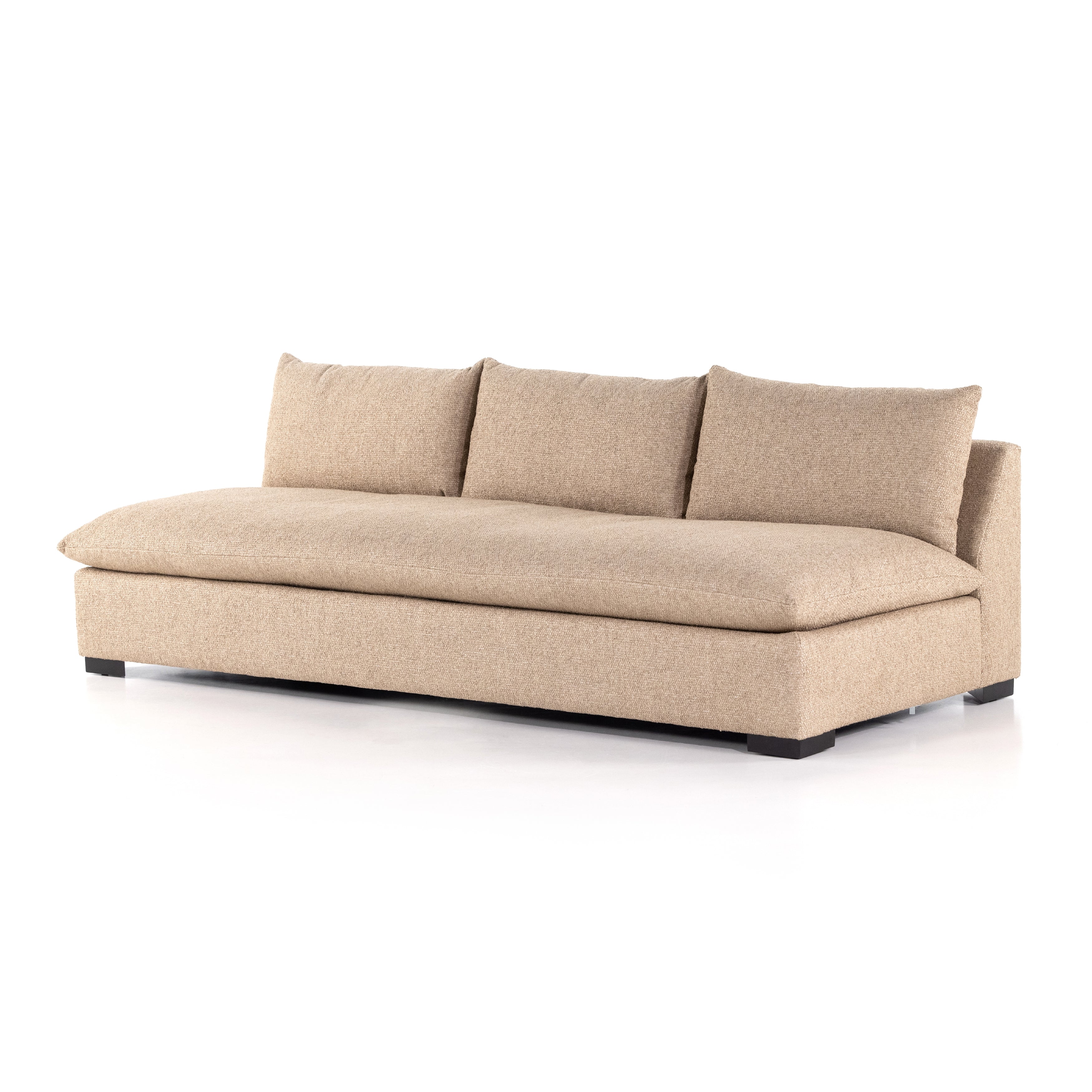 This Grant Armless Sofa - Heron Sand is a new twist to an Amethyst Favorite! With Italian high-performance fabric, inviting, boucle-like texture takes this modern lounging essential to the next level. Armless sofa to matching sectional.  Overall Dimensions: 94.00"w x 40.00"d x 31.50"h