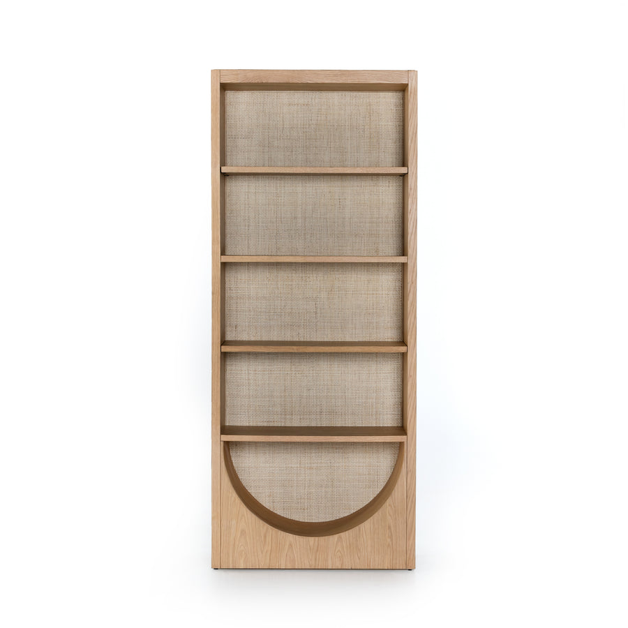 We are obsessed with the natural cane paneling on this Higgs Bookcase - Honey Oak Veneer. The tall, clean frame has four shelves perfect for showcasing your favorite books, family photos, or family heirlooms   Overall Dimensions: 34.75"w x 18.00"d x 84.00"h