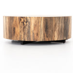 Stunning forces of nature are captured in the Hudson Spalted Primavera Coffee Table. We love how the spalted primavera wood is hand-shaped into a cylindrical silhouette. Reflective of woods' natural character, a slight color variance is possible.   Size: 40"w x 40"d x 15"h  Colors: Gunmetal, Spalted Primavera Materials: Iron, Primavera