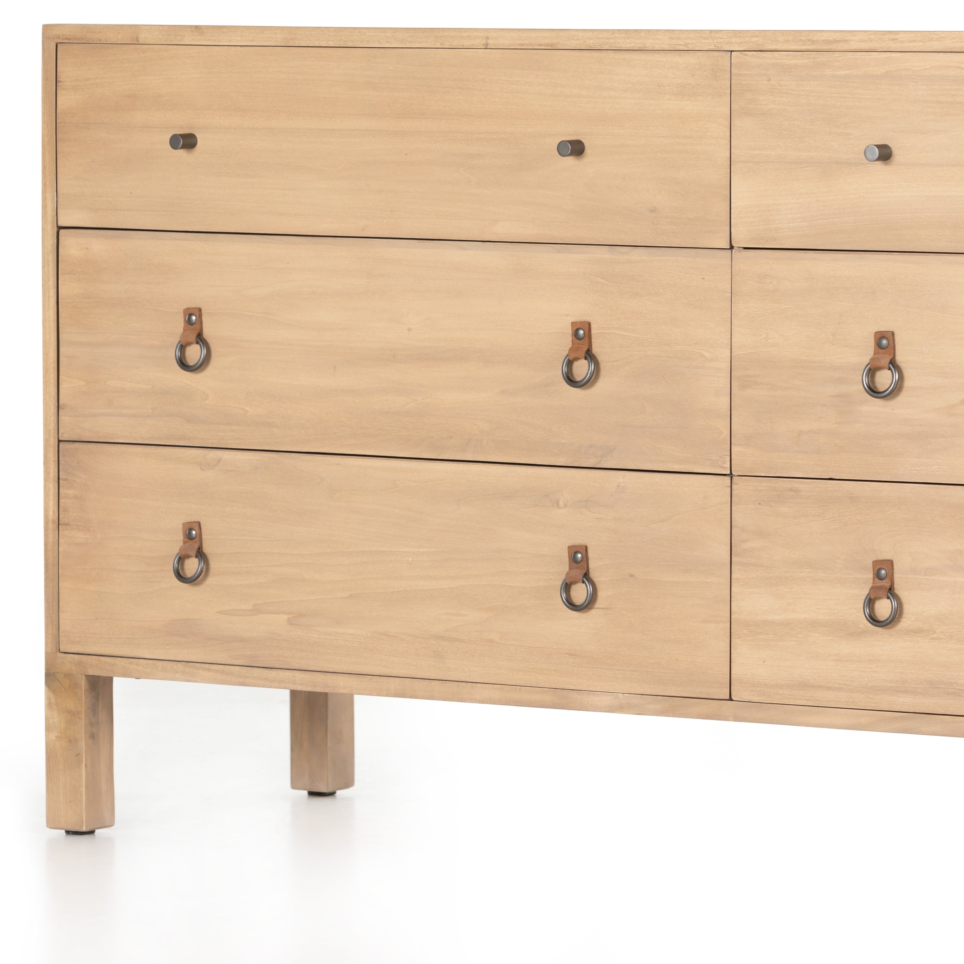 This Isador 6 Drawer Dresser - Dry Wash Poplar is beautifully simple in spirit. Solid dry-washed poplar forms a spacious six-drawer dresser, with dovetail joinery plus iron and leather hardware for a fresh, bright look in any bedroom.   Overall Dimensions: 65.00