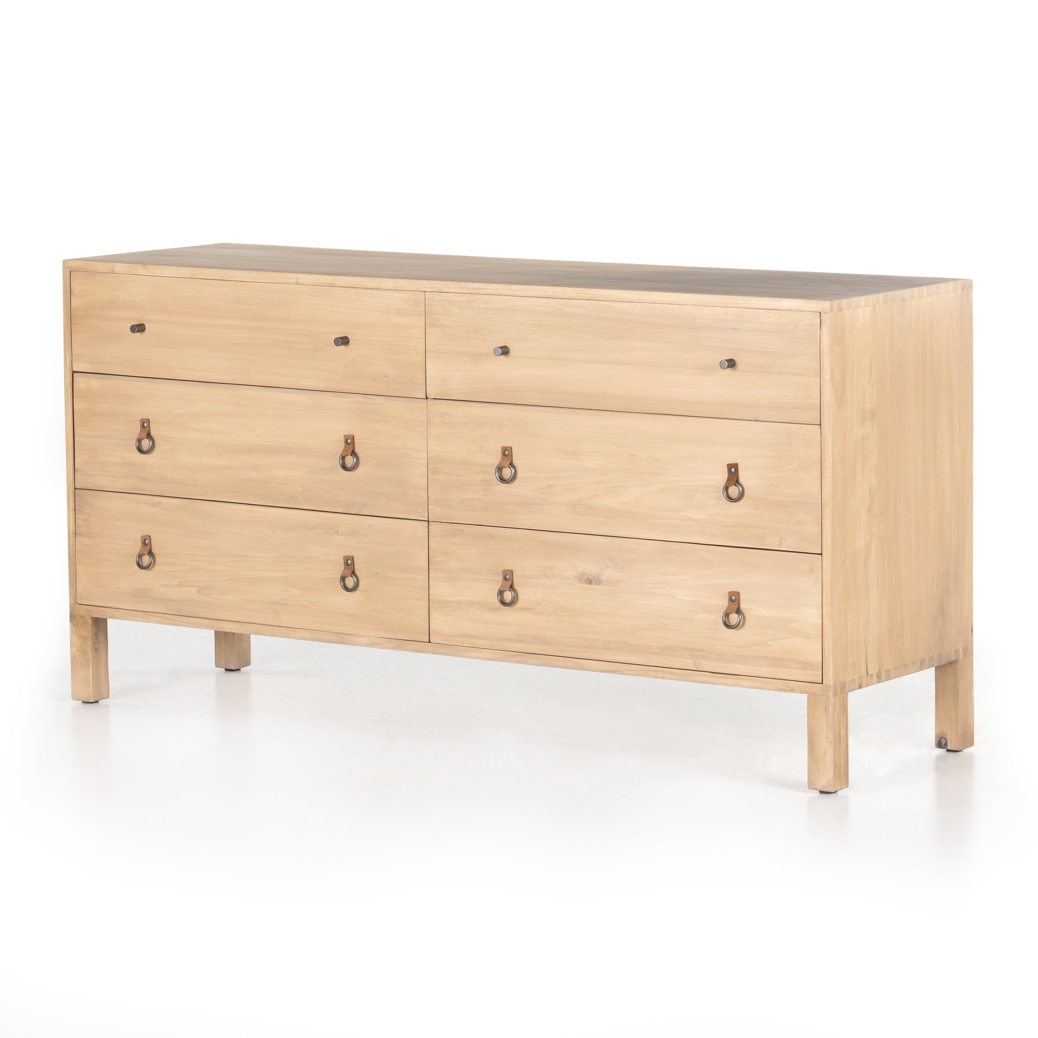 This Isador 6 Drawer Dresser - Dry Wash Poplar is beautifully simple in spirit. Solid dry-washed poplar forms a spacious six-drawer dresser, with dovetail joinery plus iron and leather hardware for a fresh, bright look in any bedroom.   Overall Dimensions: 65.00