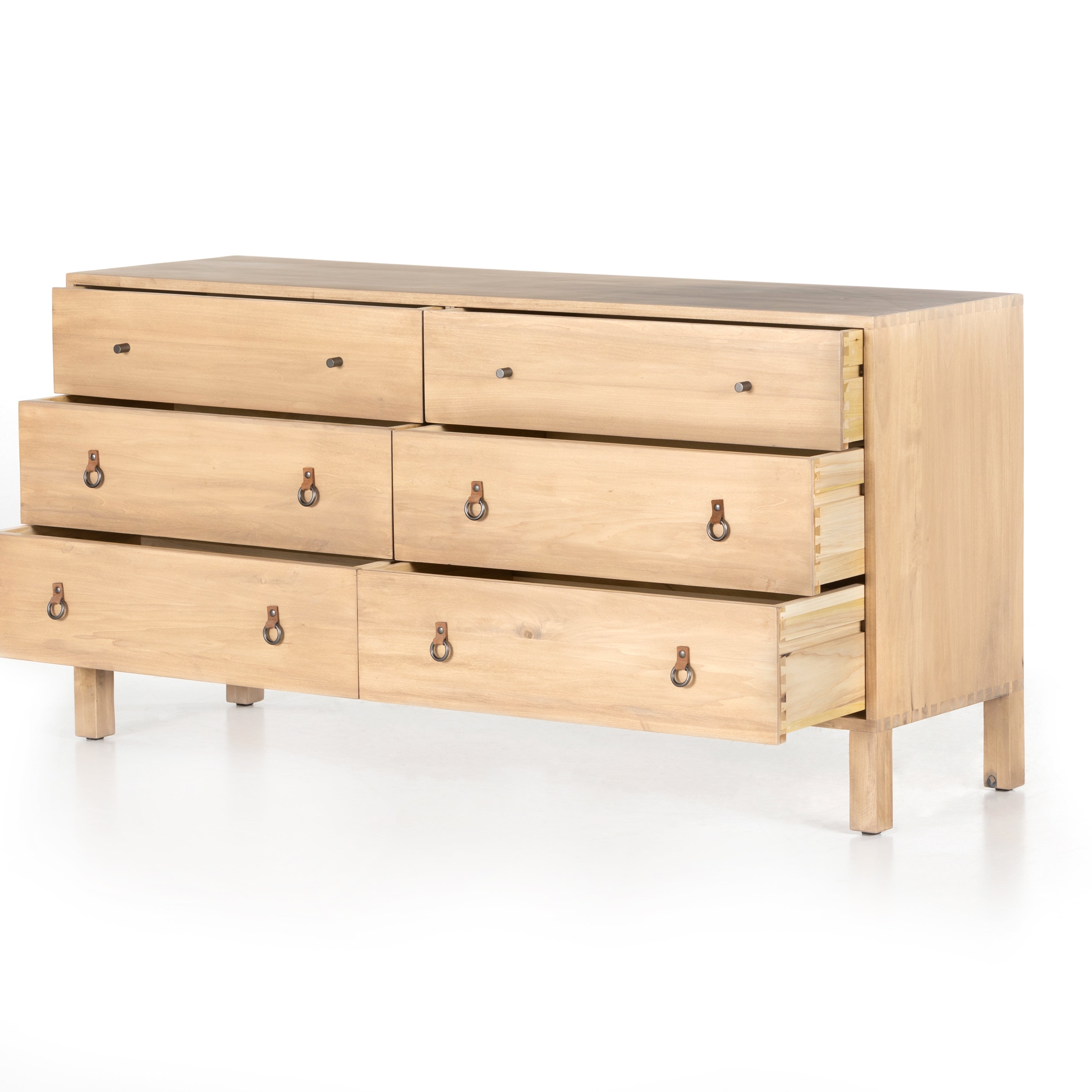 This Isador 6 Drawer Dresser - Dry Wash Poplar is beautifully simple in spirit. Solid dry-washed poplar forms a spacious six-drawer dresser, with dovetail joinery plus iron and leather hardware for a fresh, bright look in any bedroom.   Overall Dimensions: 65.00"w x 19.00"d x 32.25"h