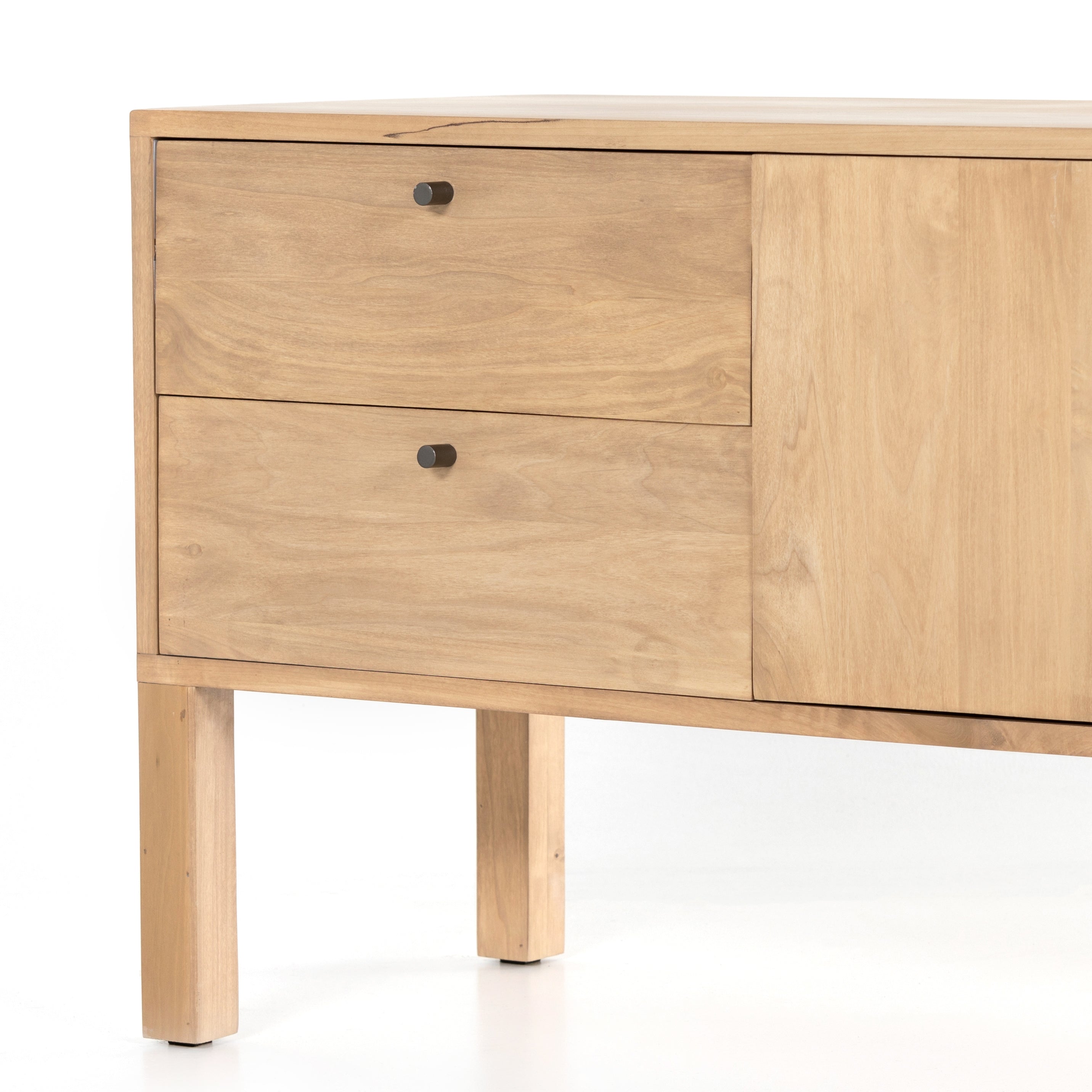 This Isador Nightstand - Dry Wash Poplar is clean, bright and dreamy. Solid dry-washed poplar forms a clean-lined media console with dovetail joinery plus iron and leather hardware, for a fresh look to any living room.  Ample shelving + rear cut outs for cord management brings this to the next level!  Overall Dimensions: 80.00"w x 19.00"d x 26.00"h
