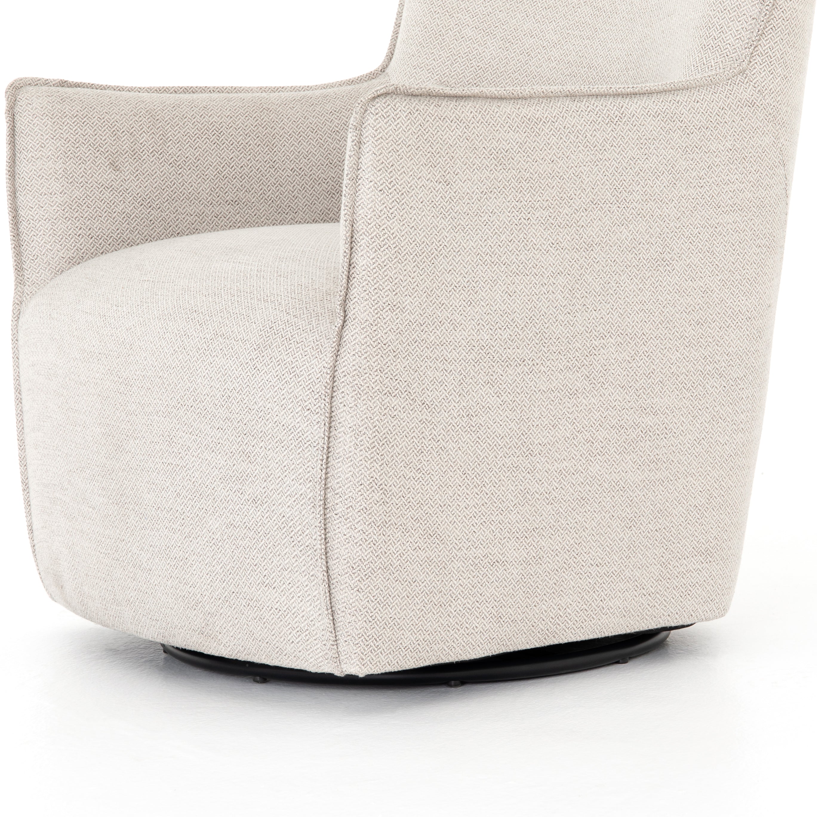 Expert tailoring on this Kimble Swivel - Noble Platinum creates a clean, sophisticated look, rich with come-hither comfort.  A tight sit and barrel shape is softened via flange seam detailing and swivel feature and finished off with a petite lumbar cushion, for the perfect mix of shape and function for any living room or baby room.   Overall Dimensions: 29.50"w x 31.50"d x 34.00"h