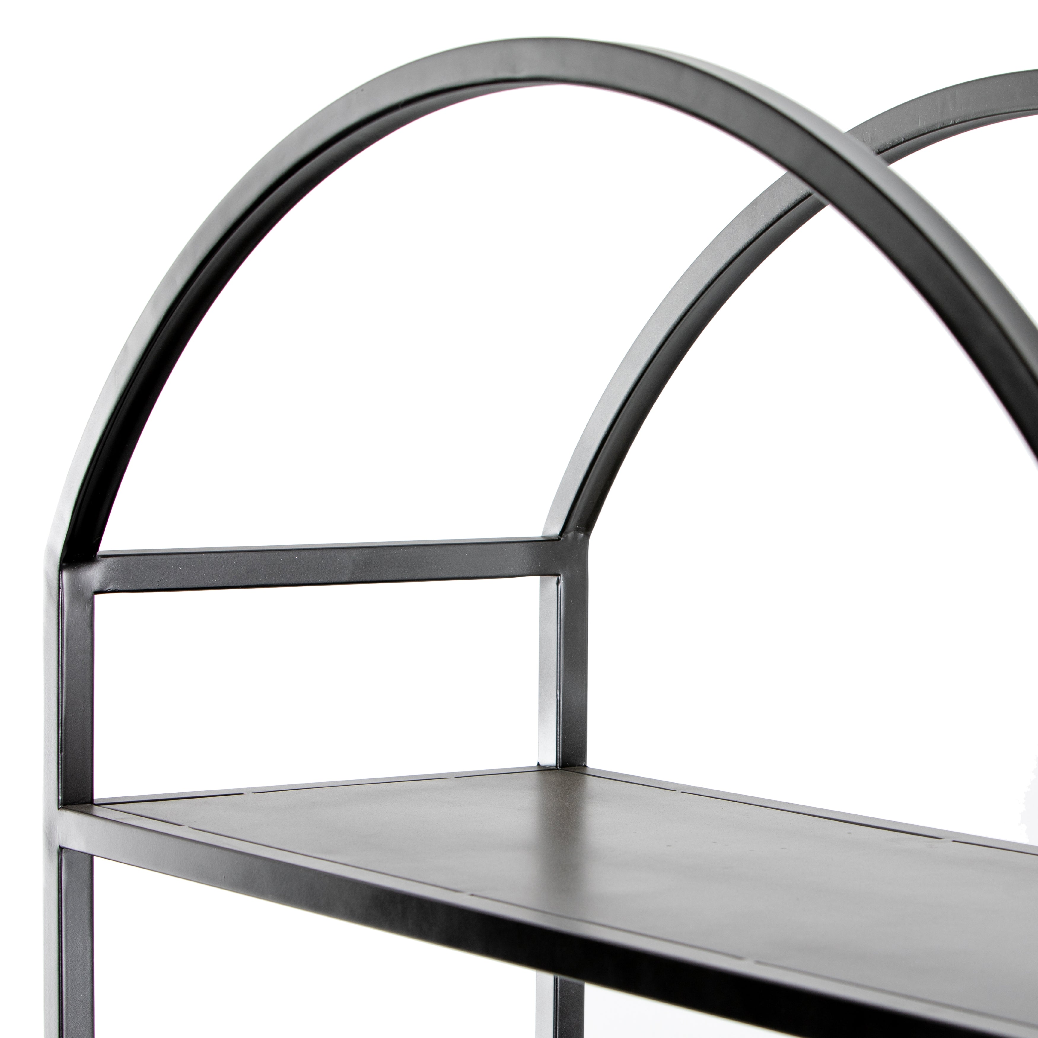 This Loomis Bookcase - Black is sleek, simple and beautifully on-trend. Black-finished iron forms an airy open frame, with an arched top for modernity in any office, living, or other space!  Overall Dimensions: 39.50"w x 15.75"d x 93.00"h