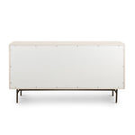 Bring a light look to bedroom styling with this Luella 6 Drawer Dresser - Matte Alabaster. A lacquered six-drawer dresser features woven cane panels and half-moon hardware finished in an aged brass for a beautiful + functional dresser in any bedroom!  Overall Dimensions: 64.00"w x 19.00"d x 33.50"h
