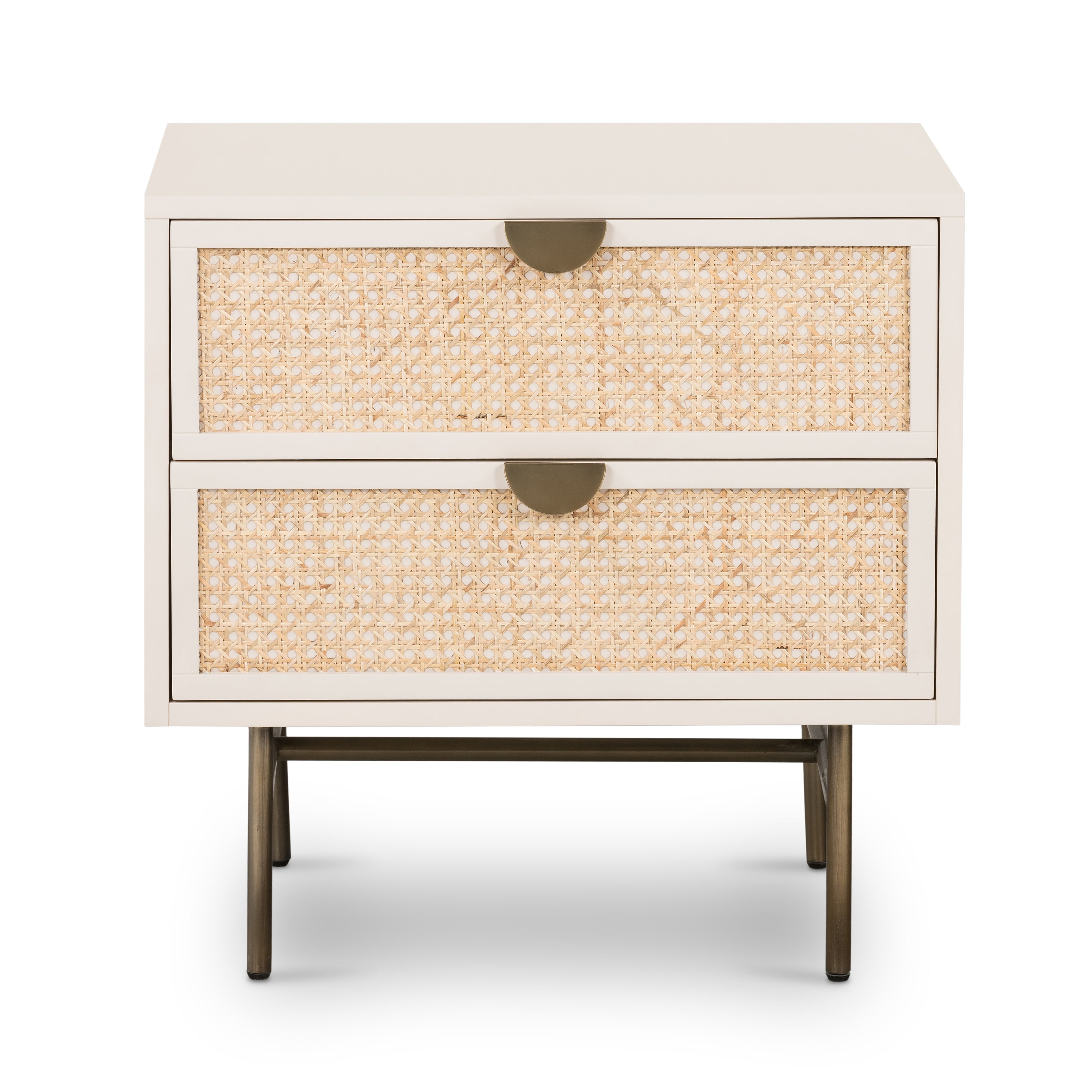 Bring a light look to bedroom styling with this Luella Nightstand - Matte Alabaster. The two-drawer nightstand features woven cane panels and half-moon hardware finished in an aged brass.  Overall Dimensions: 24.00"w x 18.00"d x 24.00"h