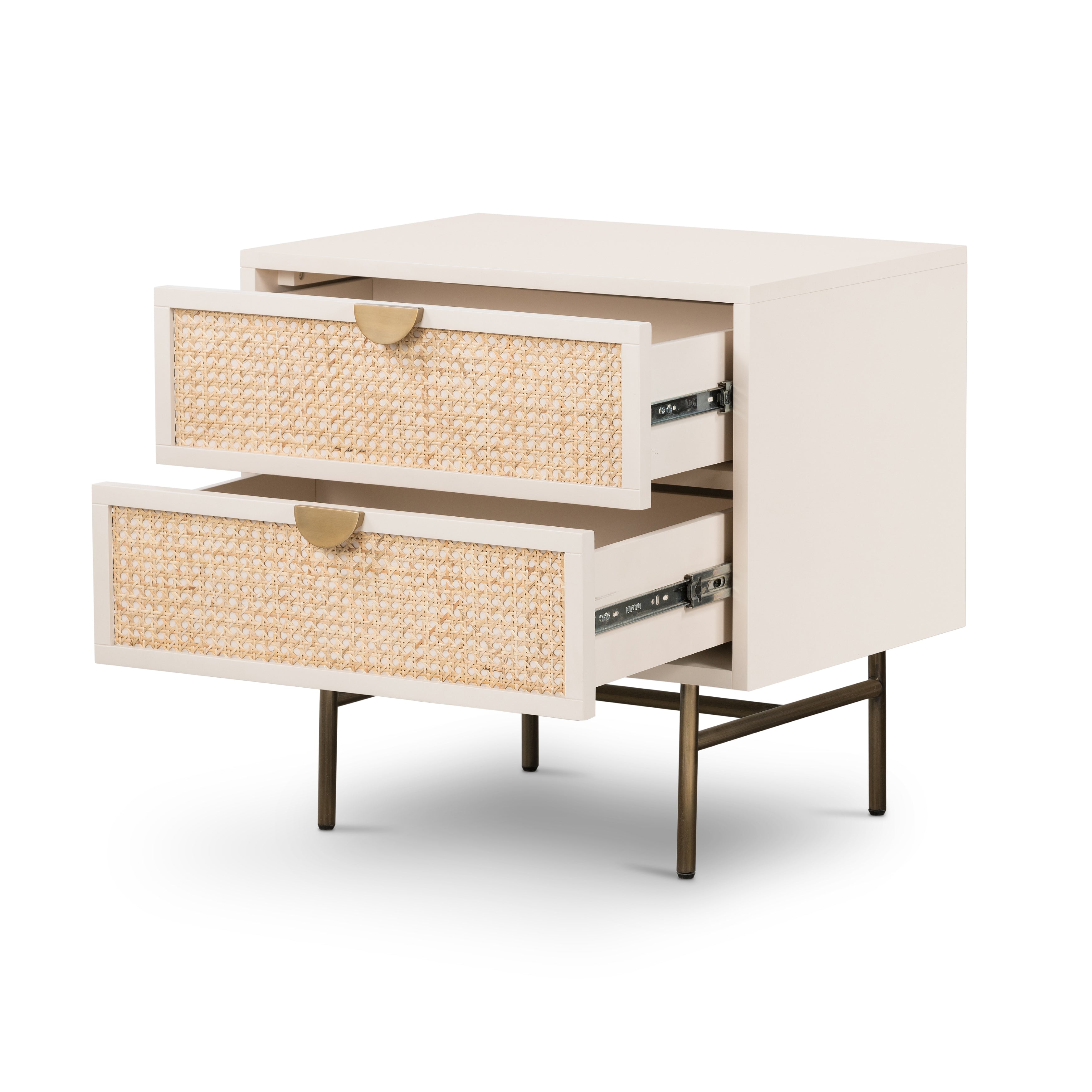 Bring a light look to bedroom styling with this Luella Nightstand - Matte Alabaster. The two-drawer nightstand features woven cane panels and half-moon hardware finished in an aged brass.  Overall Dimensions: 24.00"w x 18.00"d x 24.00"h