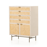 Bring a light look to bedroom styling with this Luella Tall Dresser - Matte Alabaster. A tall, lacquered dresser features woven cane panels and half-moon hardware finished in an aged brass. Four drawers plus cabinetry with interior shelving for generous storage space for any bedroom!   Overall Dimensions: 38.00"w x 19.00"d x 50.00"h