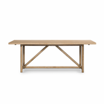 Rustic goes modern with this Mika Dining Table. A triangular stretcher brings architectural interest to this simply styled dining table of white-washed oak.  Overall Dimensions: 84.00"w x 36.00"d x 30.00"h  Colors: Whitewashed Oak Materials: Oak, Oak Veneer
