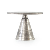 Modern-industrial styling lets in a glimmer of sheen with this Mina Bistro Table - Antique Nickel. The solid aluminum is finished in an antique nickel, for a visually arresting takeaway, indoors or out. Cover or store inside during inclement weather and when not in use.  Overall Dimensions: 40.75"w x 40.75"d x 30.00"h