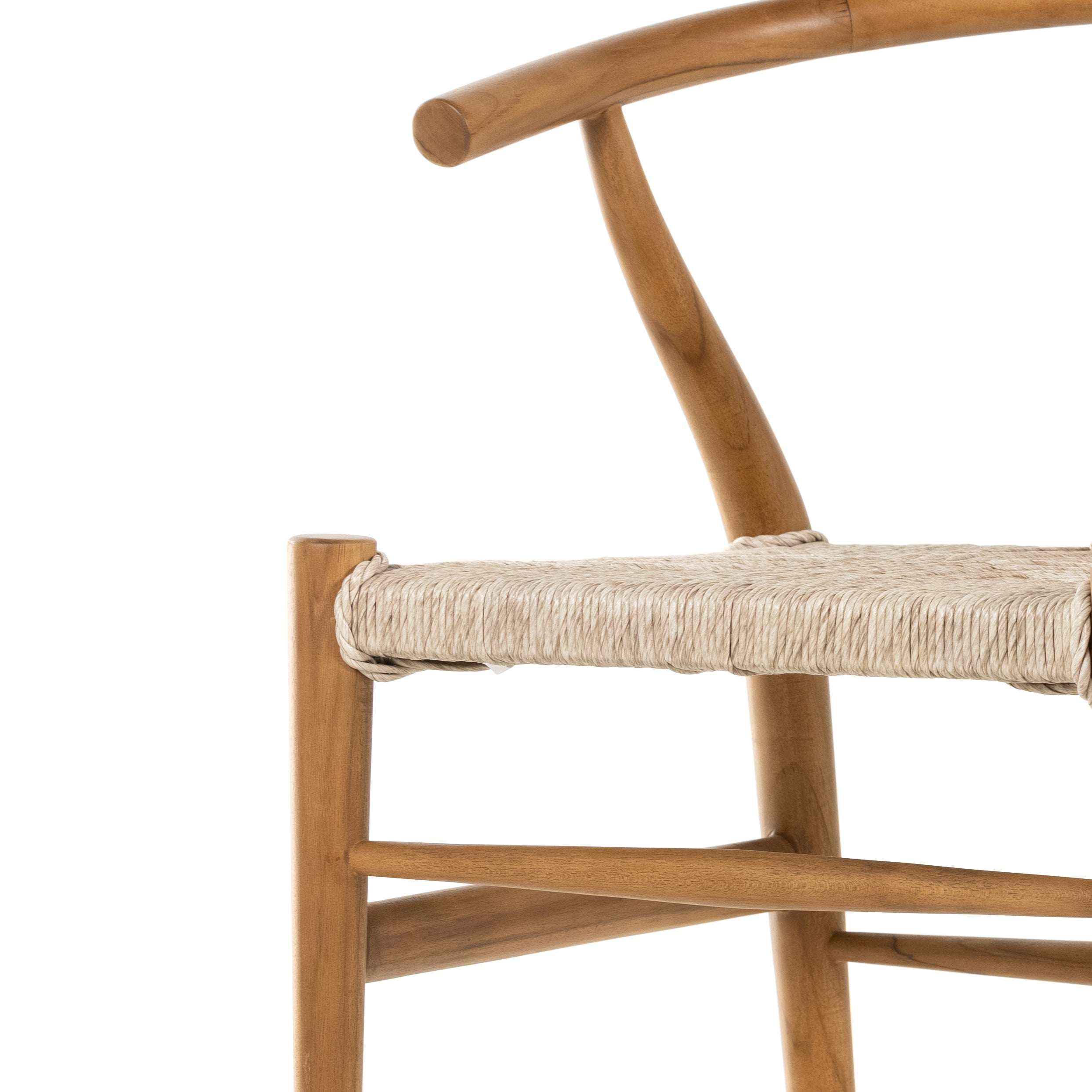 Modern curves redefine classic wishbone seating in this Muestra Dining Chair - Natural Teak. Vintage white all-weather wicker is woven for a dose of fresh texture against a neutral frame of natural teak. Cover or store indoors during inclement weather and when not in use.  Overall Dimensions: 21.50"w x 22.50"d x 31.50"h