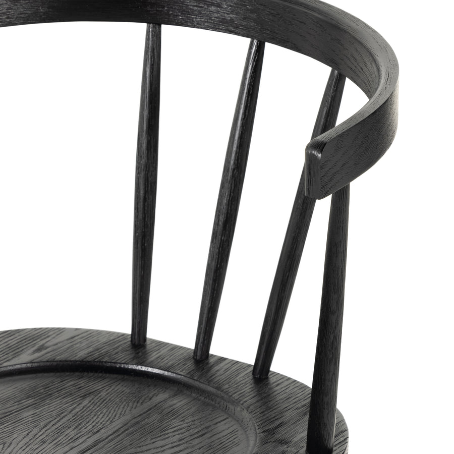 This Naples Dining Chair - Black Oak is a fresh twist on traditional Windsor-style seating is crafted from solid black-finished oak, for a look that’s always in style.  Overall Dimensions: 20.50"w x 21.50"d x 31.75"h