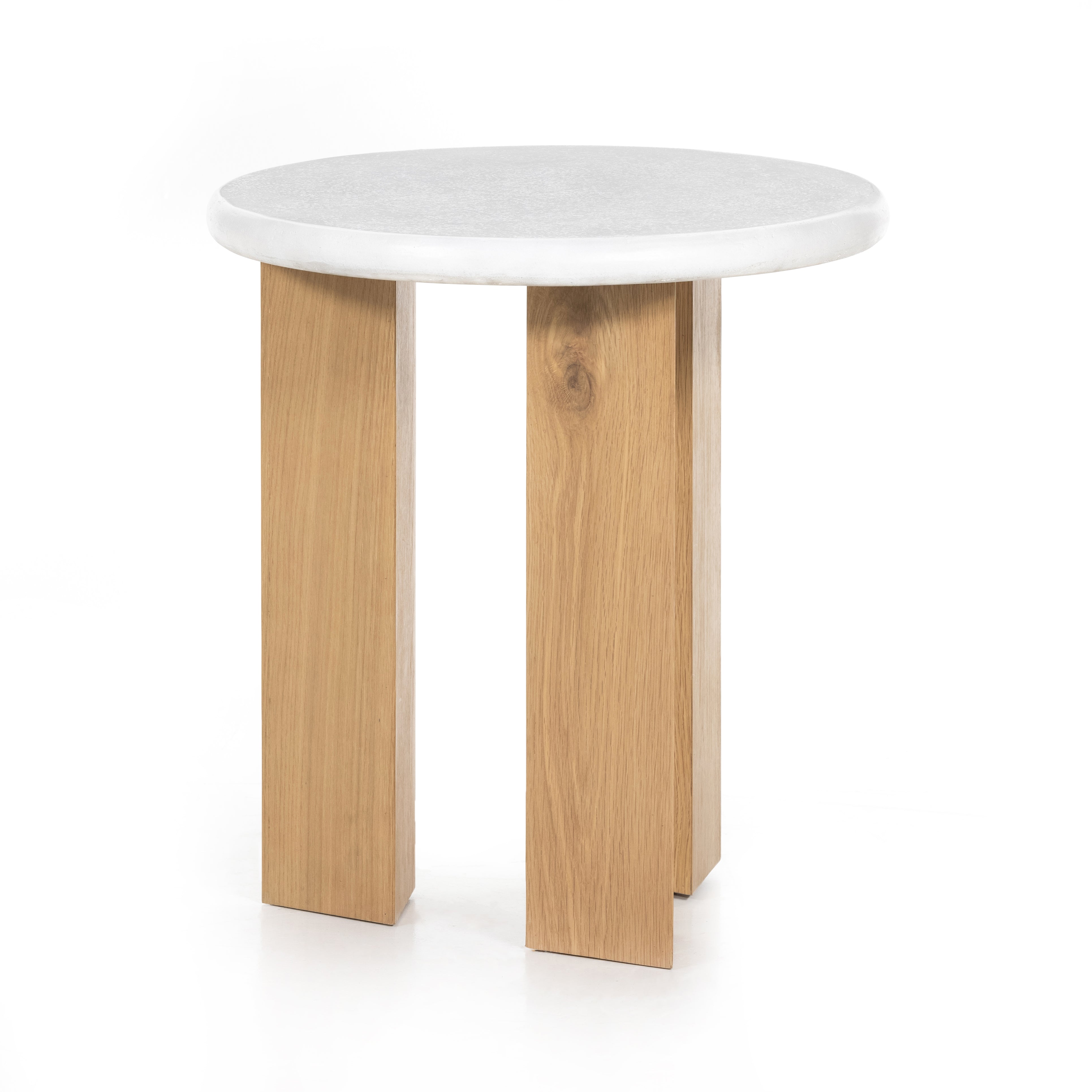 This Odin Nightstand - Stucco White is crisp, clean and beautifully simple. Light-finished oak forms a three-leg frame for a rounded tabletop of white-finished faux concrete.  Overall Dimensions: 22.00"w x 22.00"d x 24.00"h