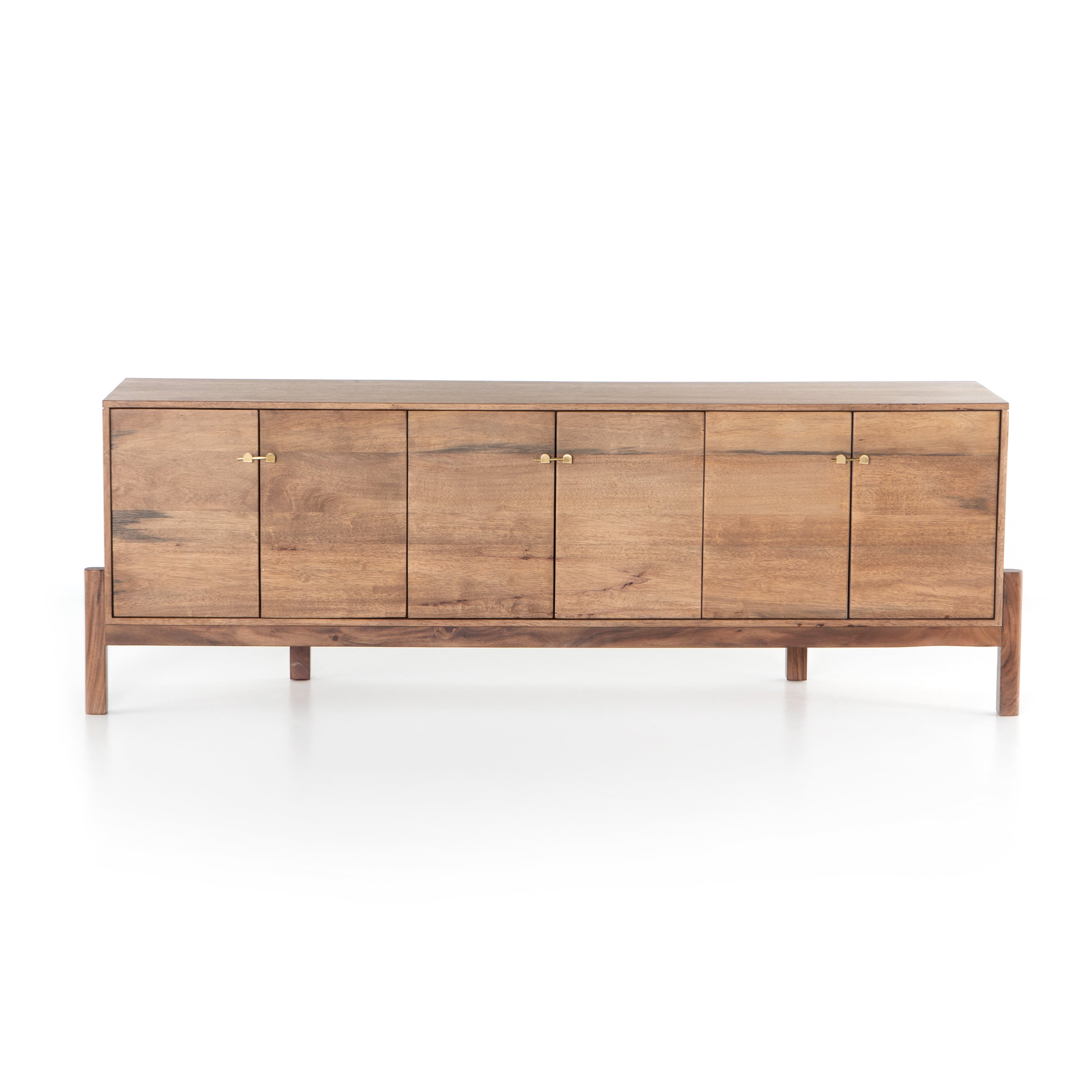 We love mid-century feel to this Reza Media Console - Smoked Honey. Finished in a light, smoked honey, a clean-lined parawood console sits in an arched cradle base of toasted acacia, for fresh contrast. Twist-lock metal hardware adds a clever finishing touch. Rear cutouts for media cord management.  Overall Dimensions: 84.00"w x 18.00"d x 28.25"h