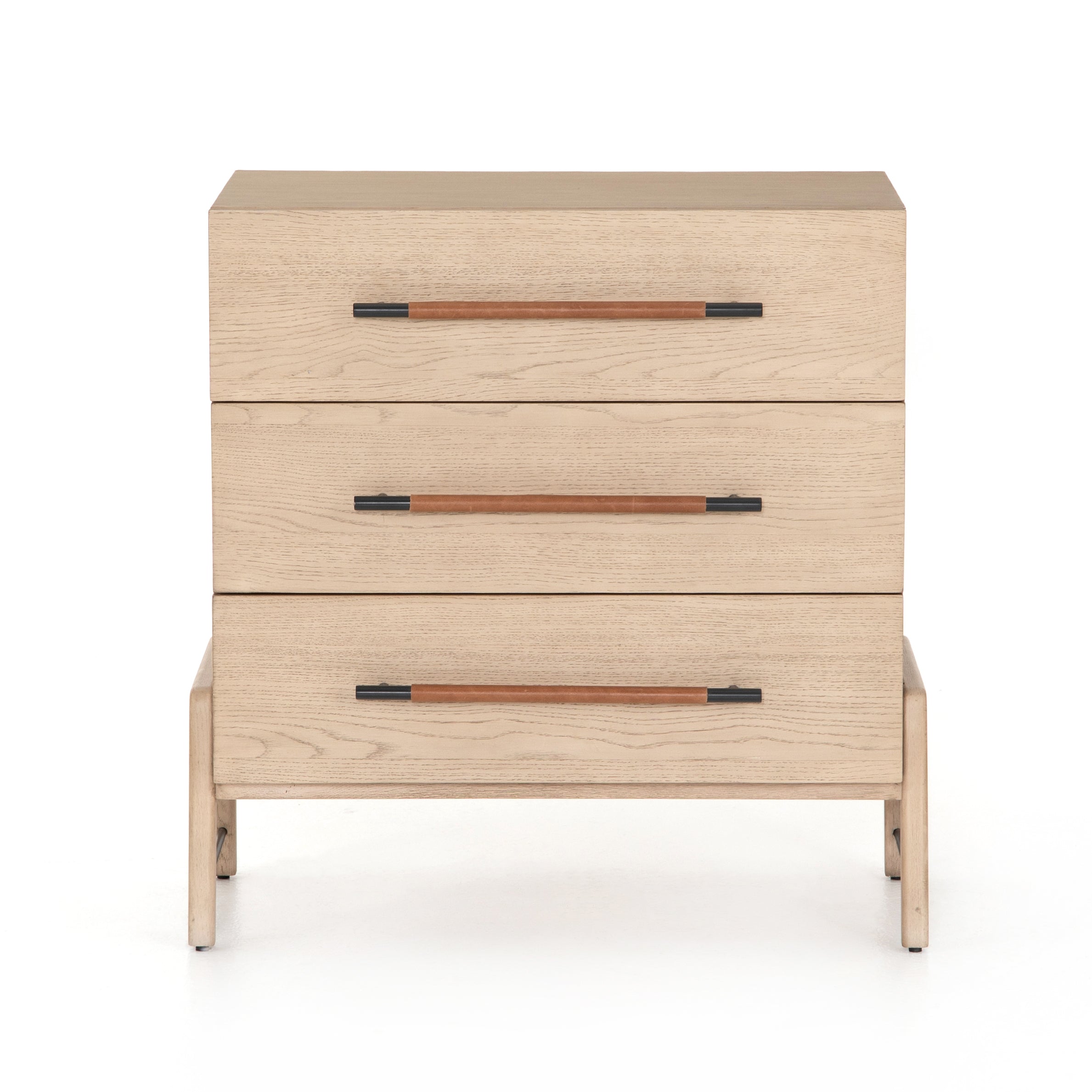 The light-finished oak of this Rosedale 3 Drawer Dresser brings a clean, brightness to any room. We love how the three spacious drawers have iron hardware wrapped in a gorgeous, tan leather. The dimension legs with iron connecting them bring a unique look to your bedroom or other area!  Overall Dimensions: 32.50"w x 19.50"d x 32.50"h