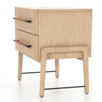 The light-finished oak of this Rosedale Nightstand brings a clean, brightness to any room. We love how the two spacious drawers have iron hardware wrapped in a gorgeous, tan leather. The dimension legs with iron connecting them bring a unique look to your bedroom or other area! Overall Dimensions: 27.25"w x 19.50"d x 26.00"h Materials: Oak Veneer, Top Grain Leather, Iron, Solid Oak