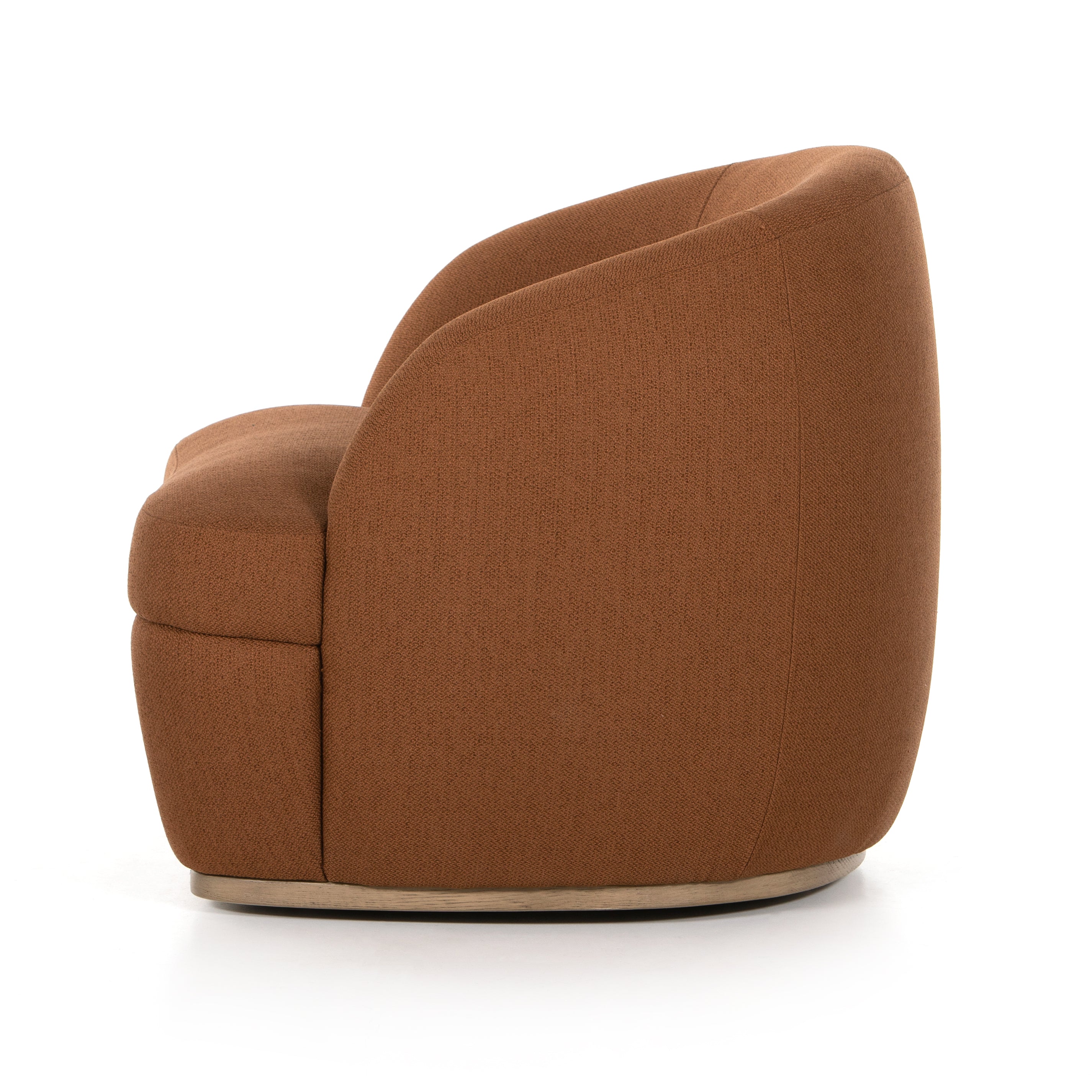 Sleek femme from every angle with Sandie Swivel Chair - Patton Burnish. Chunky rust-colored upholstery brings a trend-forward feel to barrel-style seating atop a 360-degree swivel base of solid oak.  Overall Dimensions: 33.00"w x 32.50"d x 30.00"h
