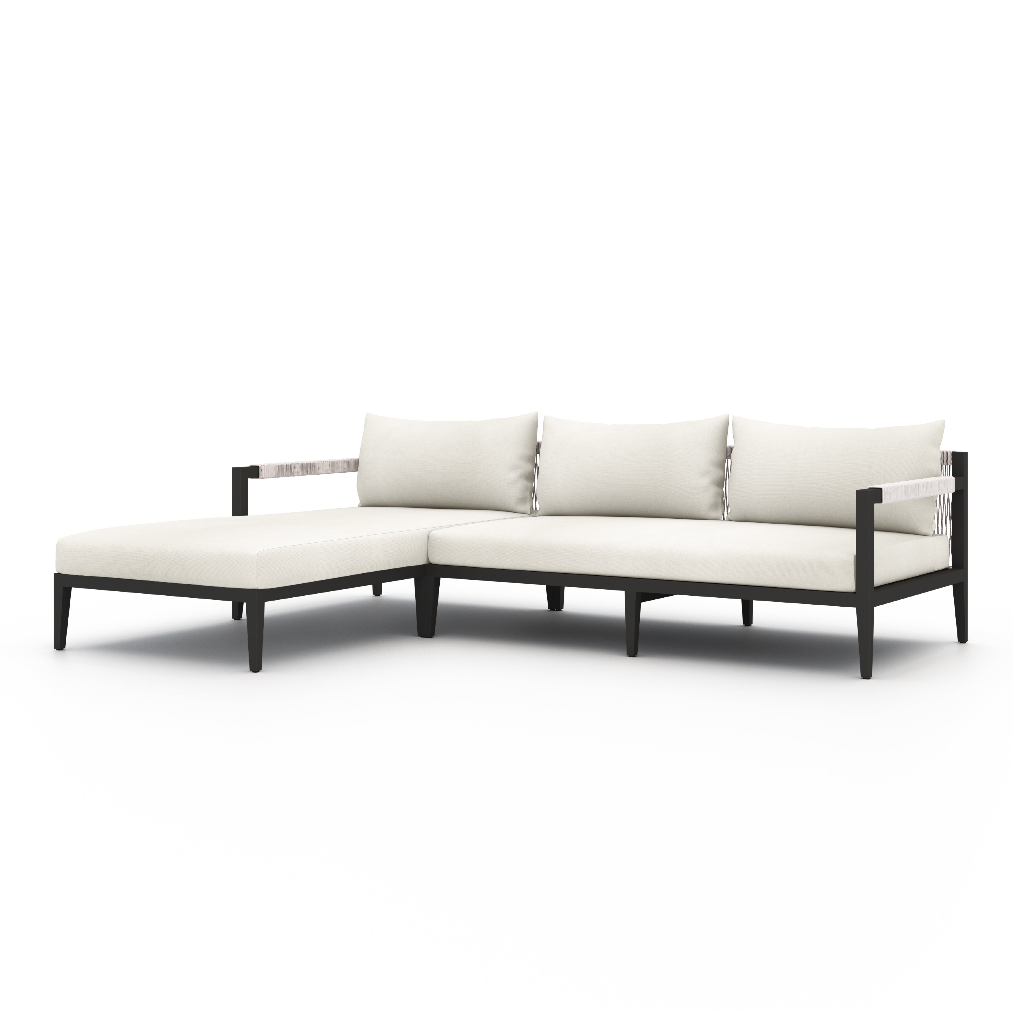We love the rope-arm detail on this Sherwood Outdoor 2 Piece Sectional - Natural Ivory. Bronze-finished aluminum forms a linear frame for UV-resistant and water-repellent Sunproof fabric in an inviting ivory - sure to elevate the look of an patio or pool side area!   Cover or store indoors during inclement weather.  Overall Dimensions: 94.50
