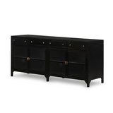 This Shadow Box Media Console Table gives your inner collector a place to play. Frame prized posessions in a glass enclosure with matte-black metal and brass knobs.  Size: 69.00"w x 19.00"d x 29.25"h  Colors: Black, Tempered Glass Materials: Iron, Tempered Glass
