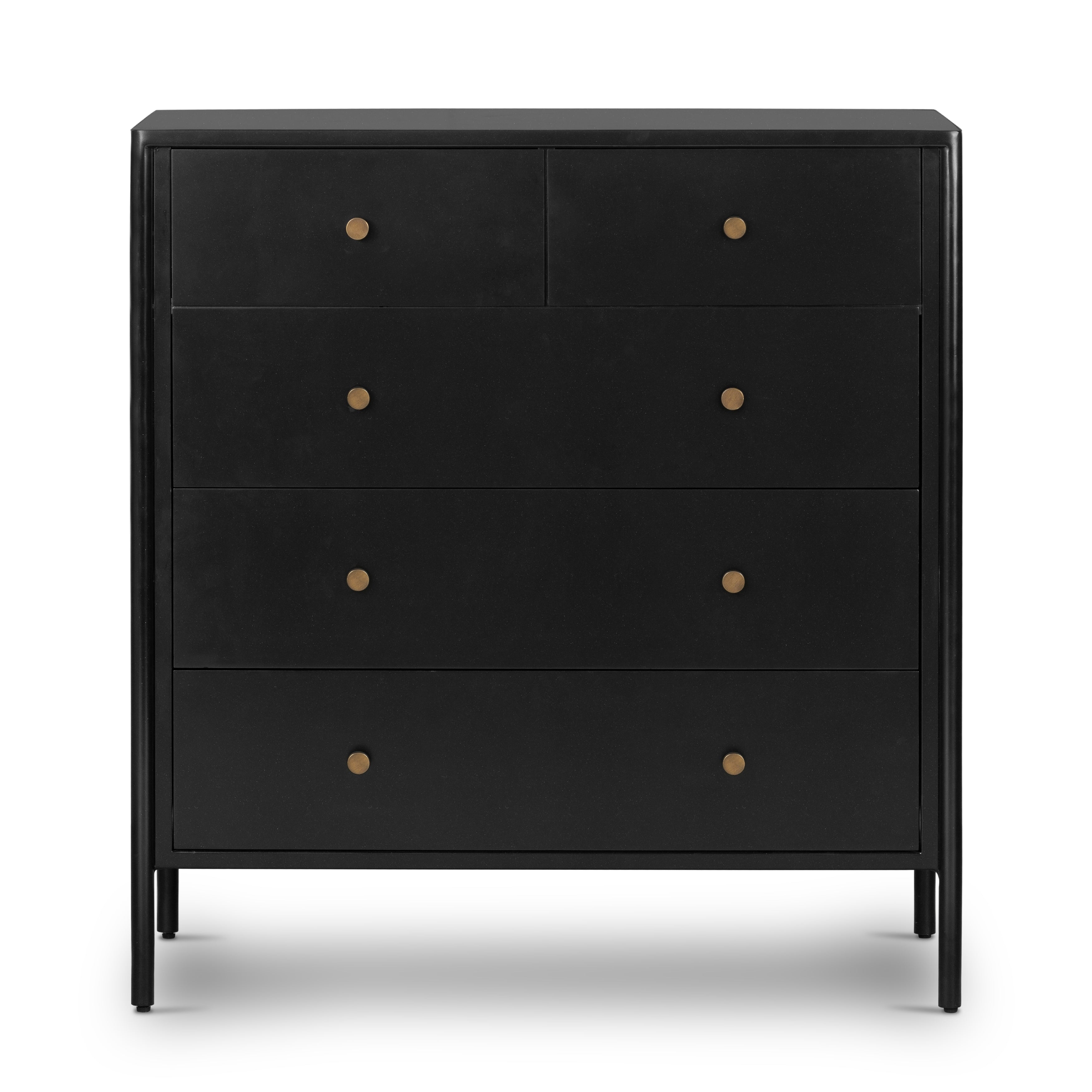 Bring a clean, beautifully industrial look to the bedroom with this Soto 5 Drawer Dresser - Black!  The roomy five-drawer dresser is made from black-finished iron, featuring bronzed iron hardware to elevate the look of any bedroom!  Overall Dimensions: 36.00"w x 19.00"d x 38.50"h
