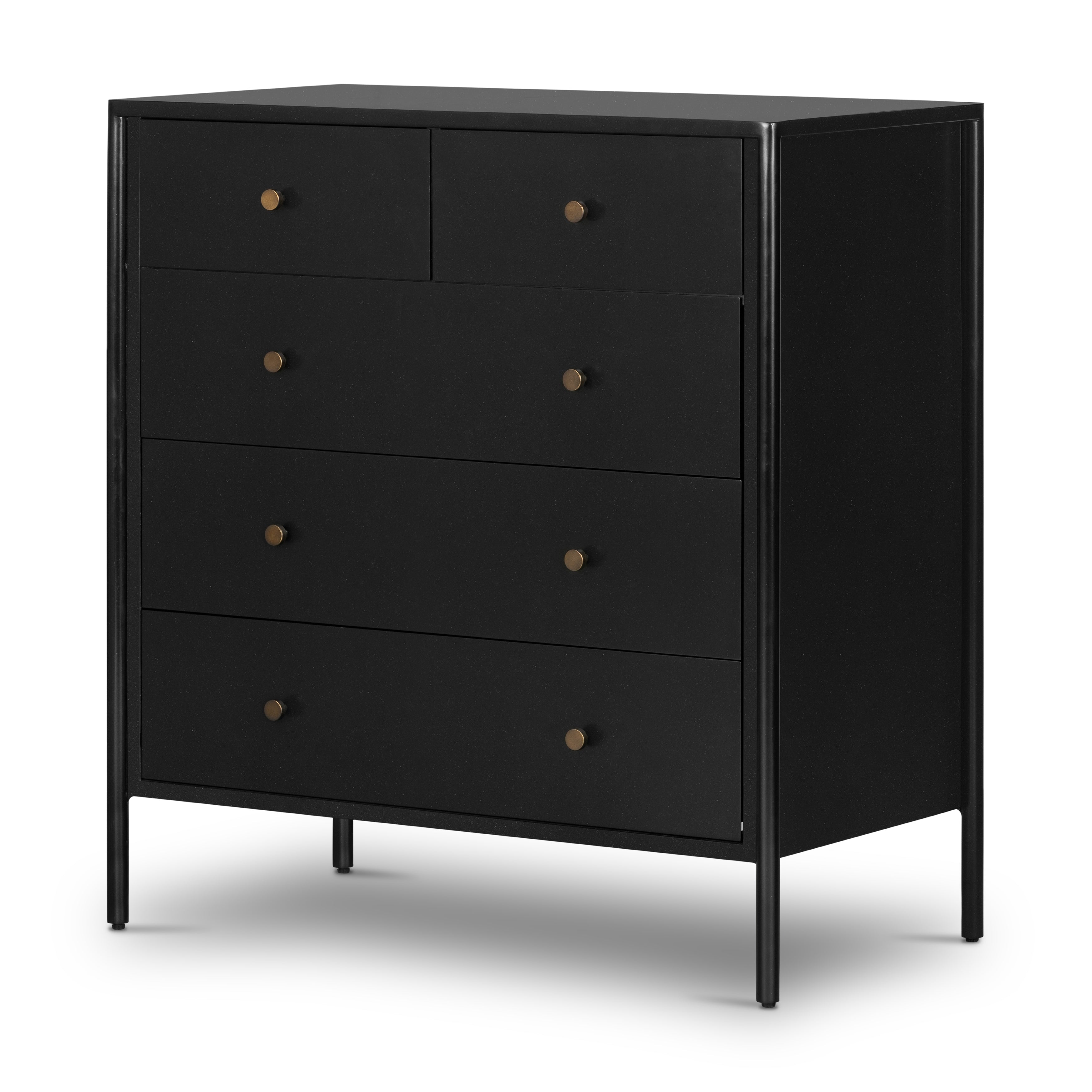 Bring a clean, beautifully industrial look to the bedroom with this Soto 5 Drawer Dresser - Black!  The roomy five-drawer dresser is made from black-finished iron, featuring bronzed iron hardware to elevate the look of any bedroom!  Overall Dimensions: 36.00"w x 19.00"d x 38.50"h
