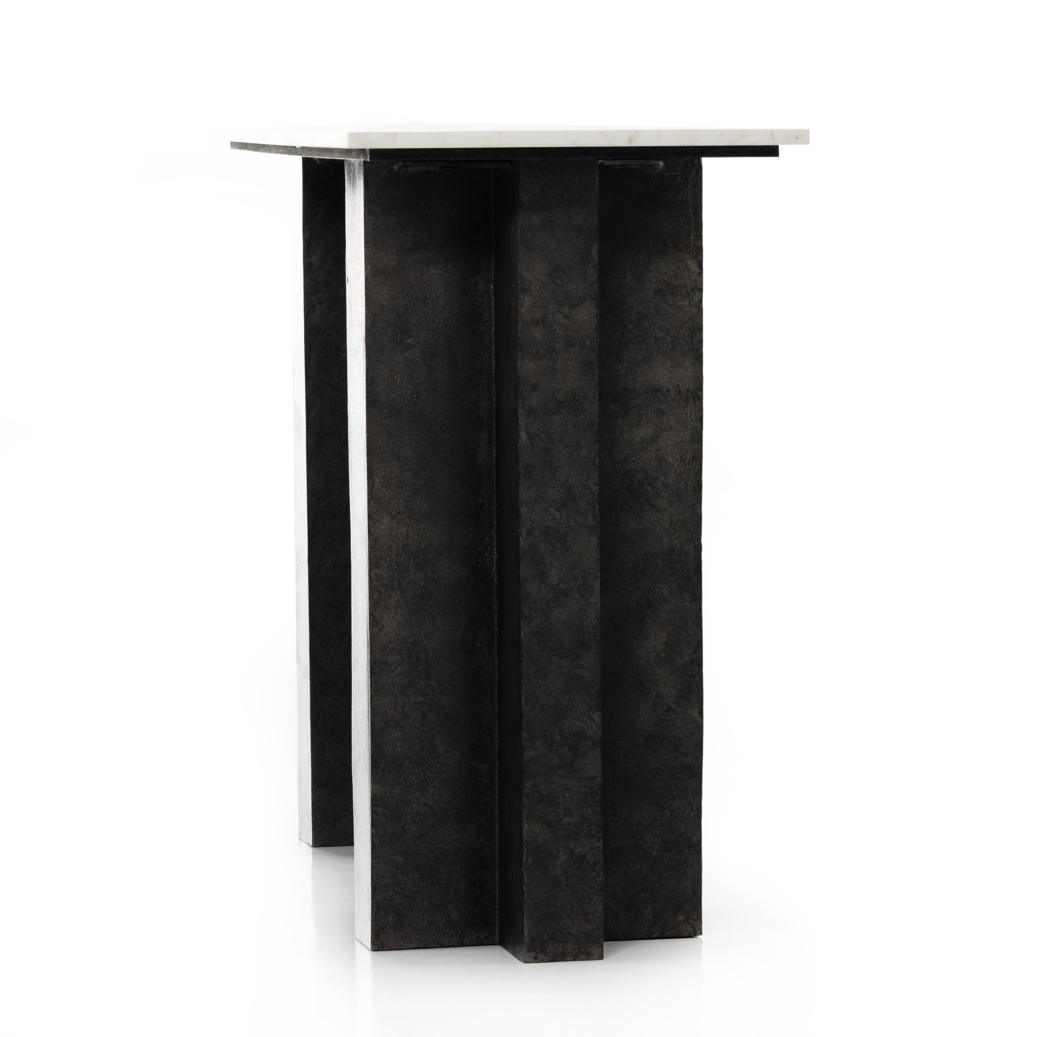 Finished in a raw black, uniquely angular cast aluminum legs, this Terrell Console Table - Raw Black showcases a rectangular tabletop of solid marble in a clean, polished white. We'd love to see this in an entryway or behind a sofa.   Overall Dimensions: 51.00"w x 17.00"d x 31.25"h