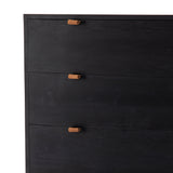 The toffee leather handles of this Trey 5 Drawer Dresser - Black Wash Poplar bring a classy pop of color and texture to the space. A stylish dresser of black-washed poplar offers plenty of bedroom storage space thanks to five spacious drawers.   Overall Dimensions: 36.00"w x 18.00"d x 49.00"h