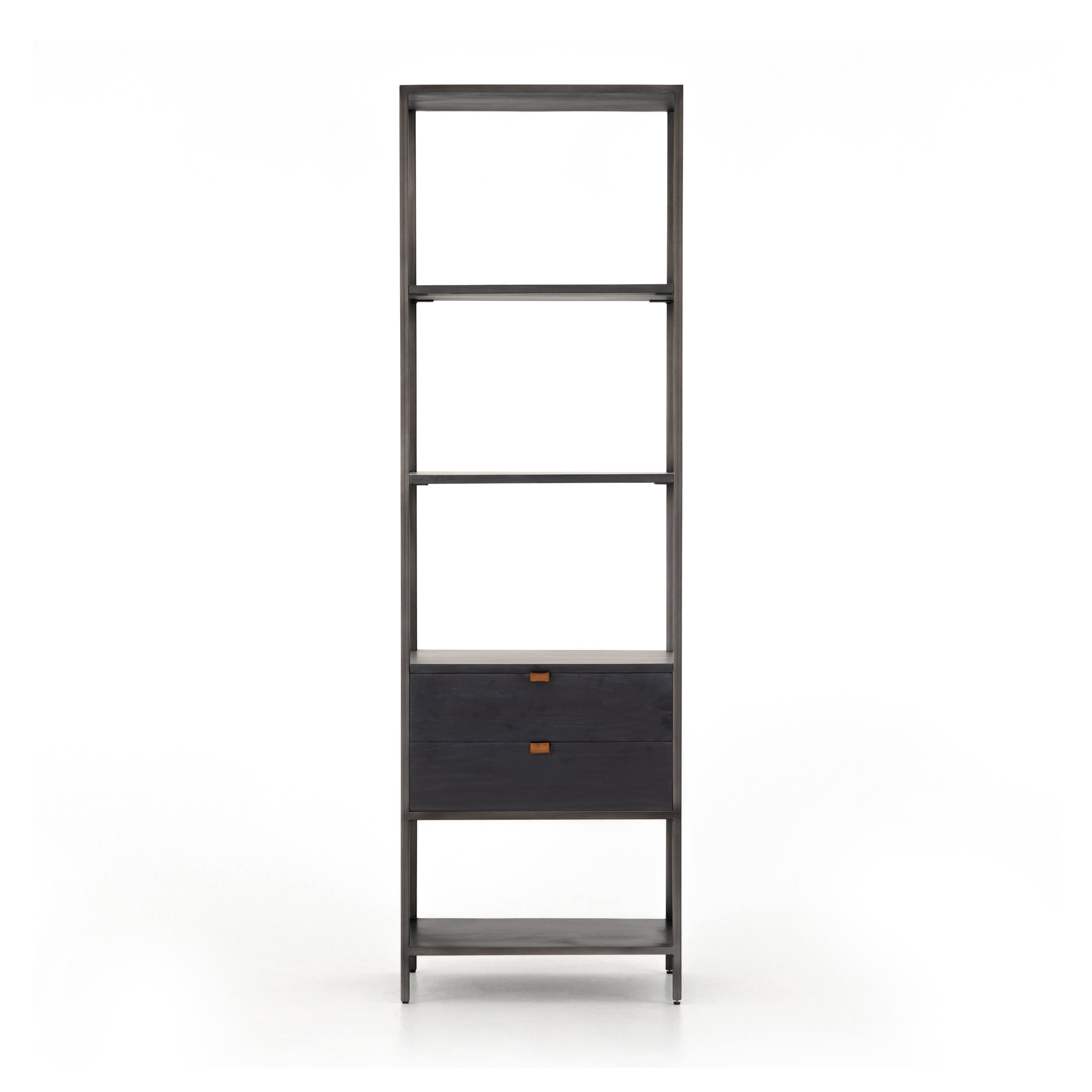 This stylishTrey Bookshelf - Black Wash Poplar offers ample storage space by way of open shelving and dual drawers. Metal-secured pulls of toffee top-grain leather add a textural element of surprise to any office, bedroom, or other space.   Overall Dimensions: 24.00"w x 18.00"d x 78.25"h