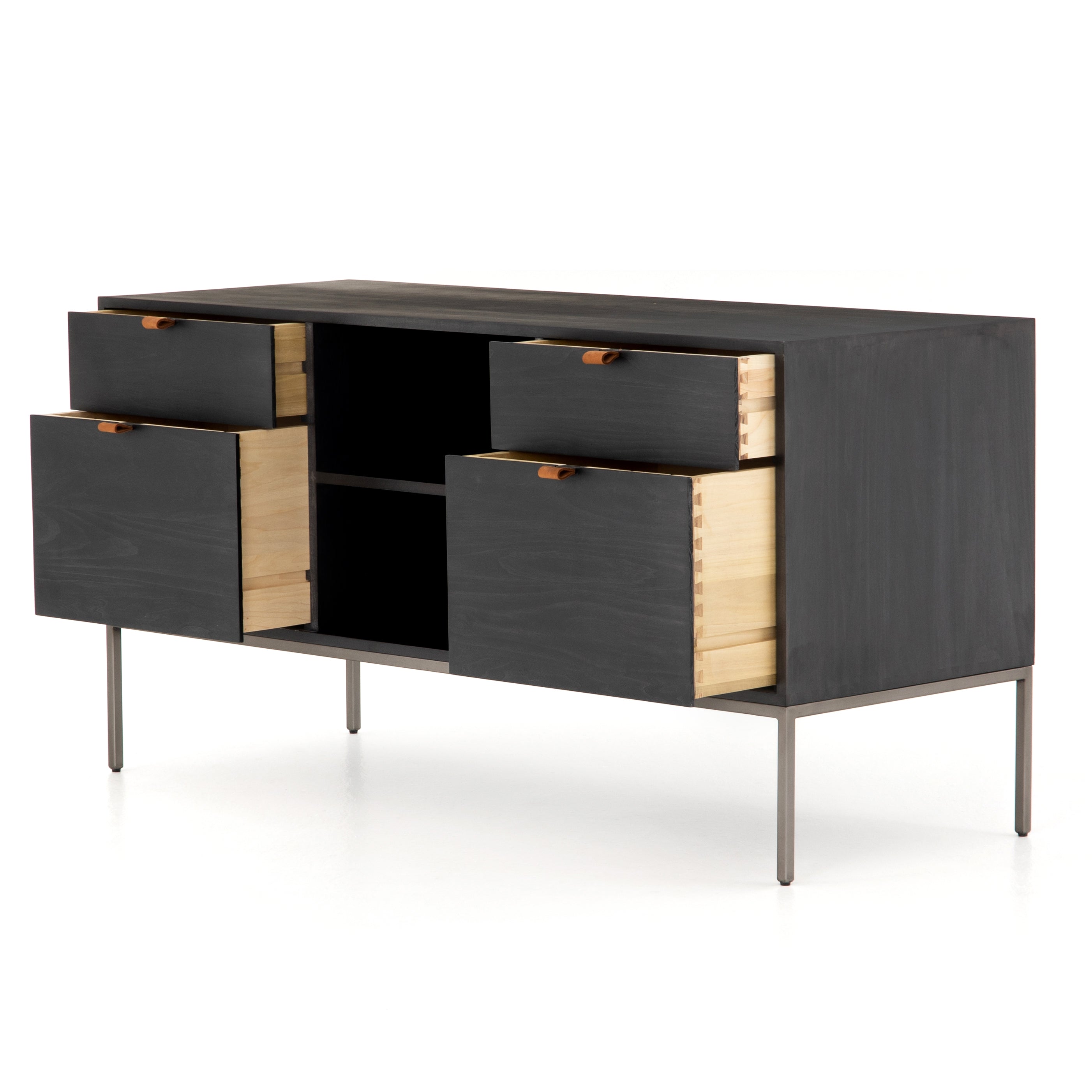 Inspired by clean mid-century design, this Trey Modular Filing Credenza - Black Poplar brings generous storage space to the modern office, with a fully finished back pus metal-secured leather pulls for an element of surprise. Great solo or paired with matching desk or filing cabinet.  Overall Dimensions: 59.75"w x 22.00"d x 31.25"h