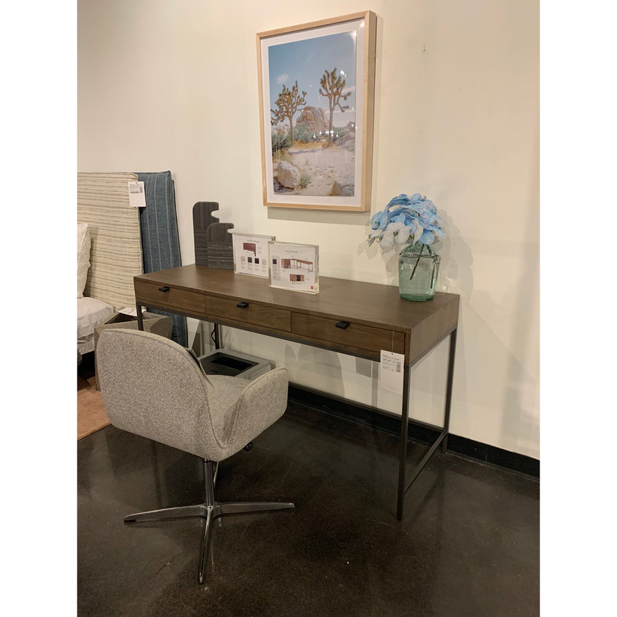 Inspired by clean mid-century design, grey-ish auburn poplar offers plenty of desk storage by way of three spacious drawers. Metal-secured leather pulls add a textural element of surprise. Great solo or paired with matching corner desk, file cabinet or credenza.  Size: 59.75"w x 22"d x 31.25"h