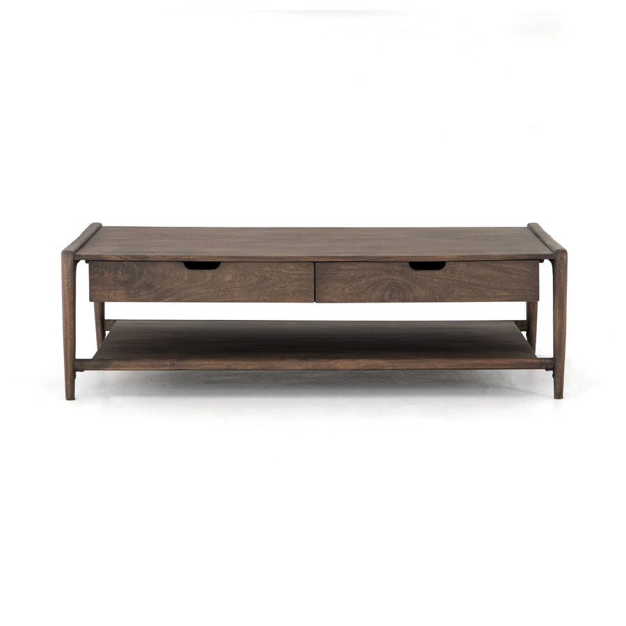 We love the organic element this Valeria Coffee Table brings to space. With four drawers and a bottom shelf, this is both function and beautiful for any living room or lounge area.   Overall Dimensions: 55.00"w x 30.00"d x 16.50"h