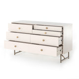 This Van 7 Drawer Dresser - Matte Alabaster is finished in a dreamy off-white and aged-brass finished hardware to finish the look. This features five spacious drawers and two smaller velvet-lined drawers perfect for storing your favorite jewelry.   Overall Dimensions: 58.00"w x 19.00"d x 33.00"h