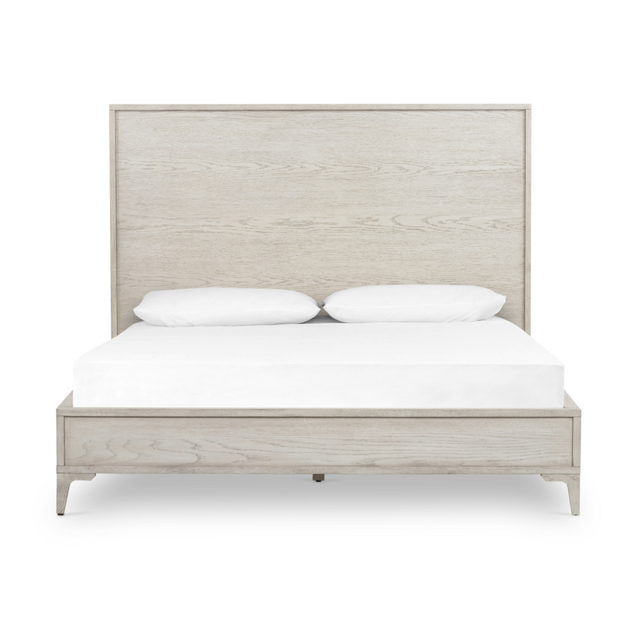 Finished in a beautifully light vintage white this Viggo Bed is a low, clean-lined oak bed featuring inset panel detailing on head and foot boards plus side rails, for an elegant, angular look for any bedroom. 