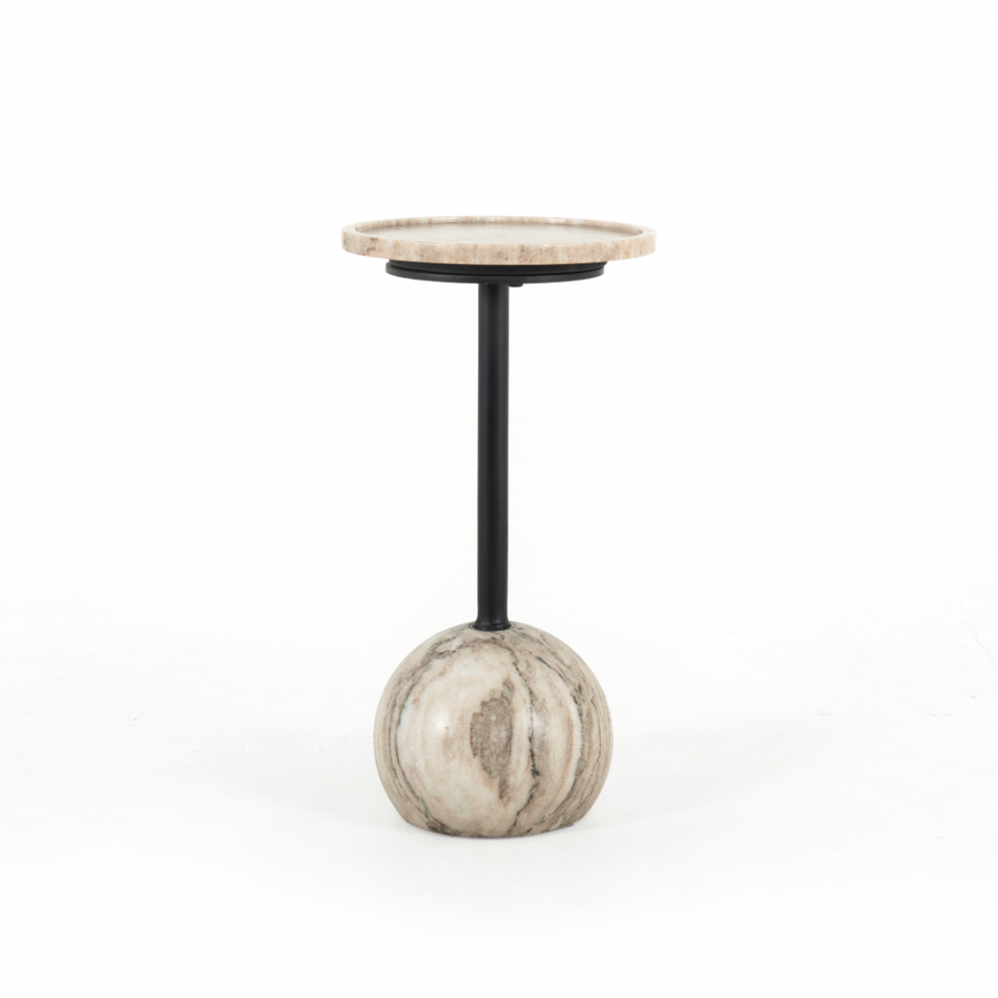 We love the abstract design of this Viola Accent Table - Antique White Marble. Made from solid marble, things brings an elegant feel to any space.   Overall Dimensions: 10.00"w x 10.00"d x 18.75"h  Colors: Antique White Marble, Dark Kettle Black Materials: Solid Marble, Iron