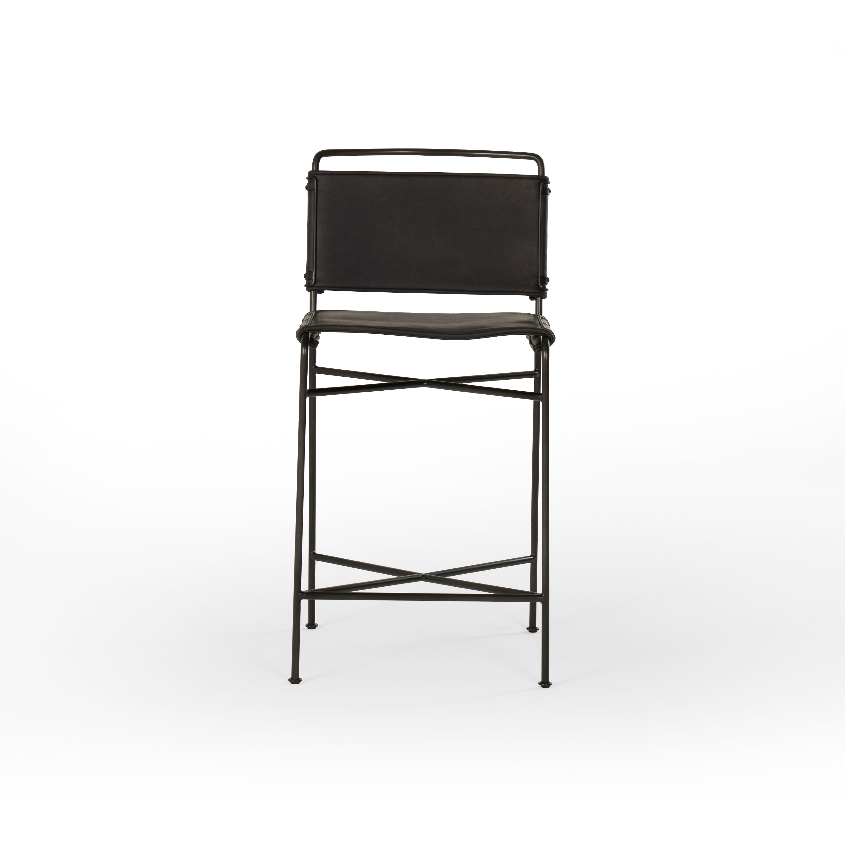 Slim lines and mixed materials combine for ultimate comfort. Architecturally inspired steel tubing is graced by simply contoured black faux leather seating.  Bar Stool: Size: 20.5" w x 24.25" d x 40" h Seat Depth: 15.25" Seat Height: 26.5"  Counter Stool: Overall Dimensions: 20.50"w x 24.25"d x 40.00"h Seat Depth: 15.25" Seat Height: 26.50"