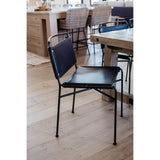 Slim lines and mixed materials combine for ultimate dining comfort. Architecturally inspired steel tubing is graced by simply contoured black faux leather seating.  Size: 20.25" w x 24.25" d x 33" h Seat Depth: 18" Seat Height: 19" Colors: Waxed Black, Distressed Black Materials: Iron, Faux Leather
