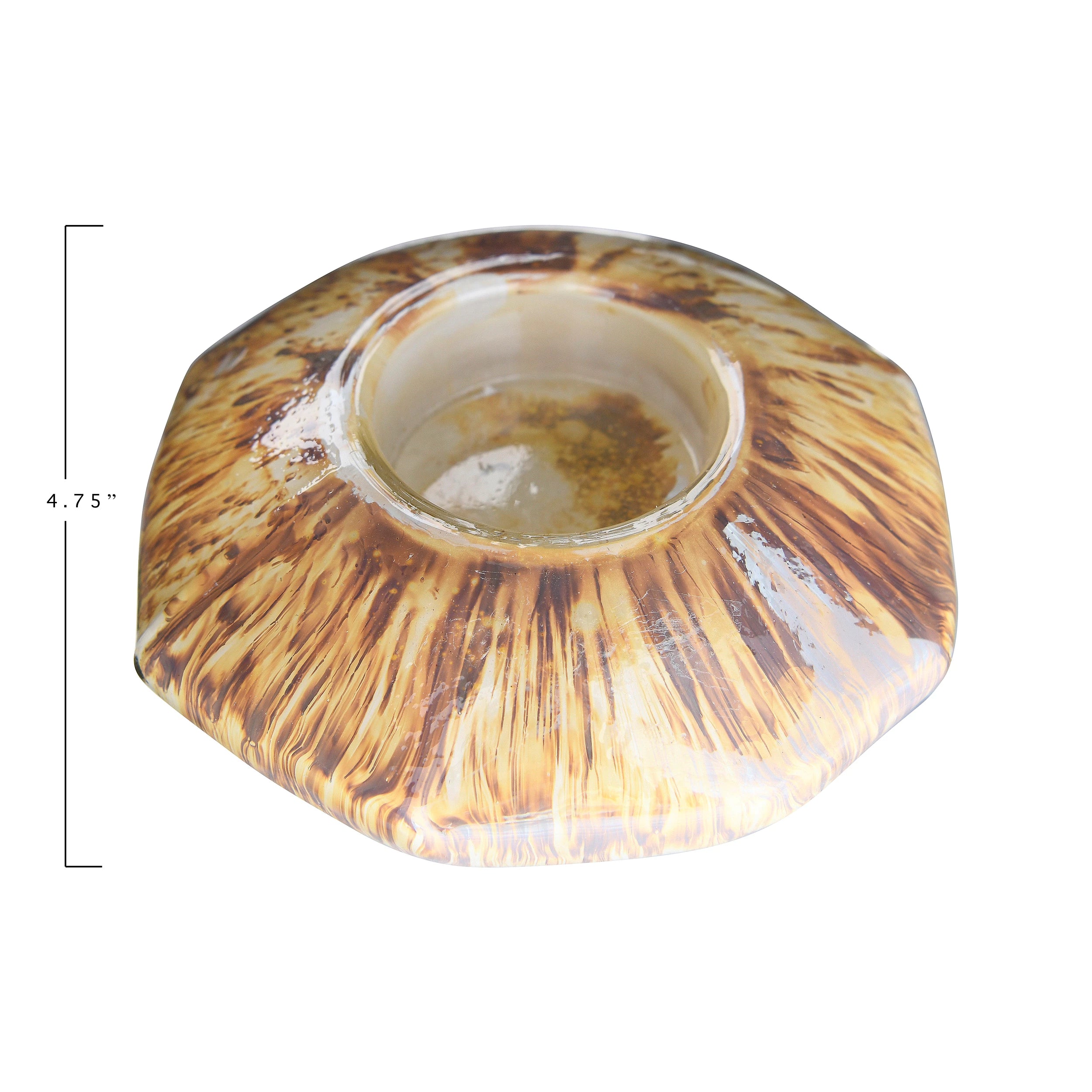 Add warmth to the room decor by lighting a votive candle in this Glass Tealight Holder with distressed opal finish.  Size: 4-1/4" Round x 2"H