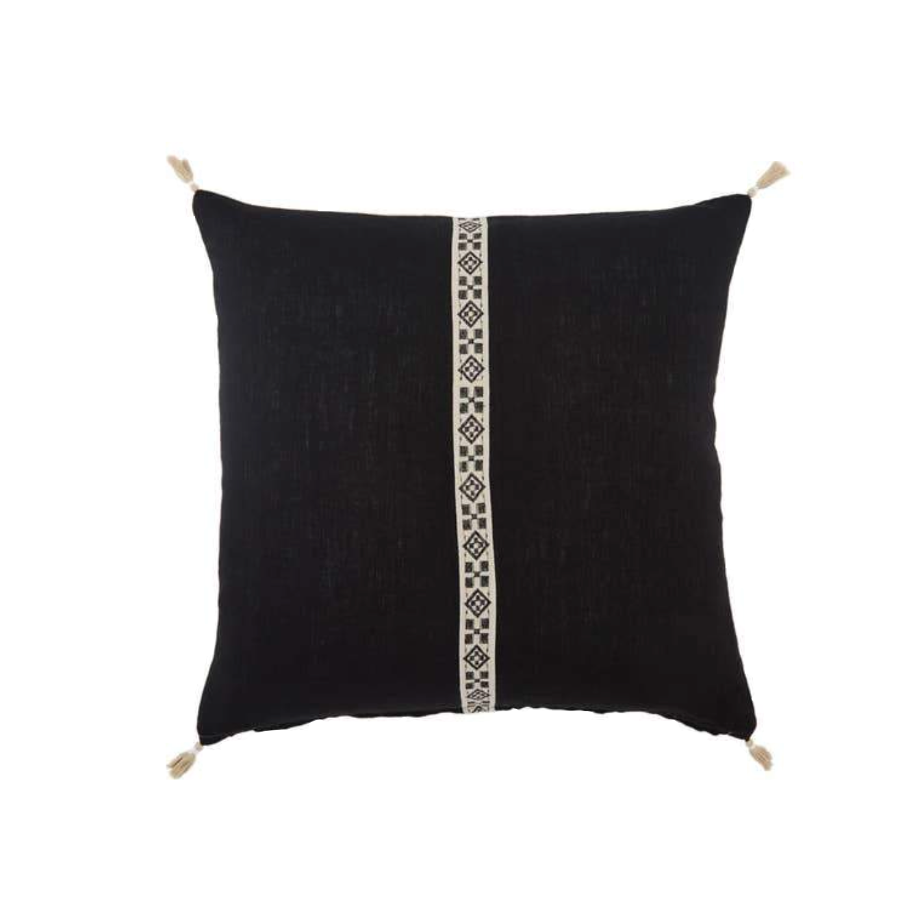 The Loma Pillow has cute tassels found on all four corners with a cute, detail stripe found in the middle. Place on your bed or sofa, this jet black pillow will bring the whole room some texture and pop color. Insert is made with 100% down.   Size: 22