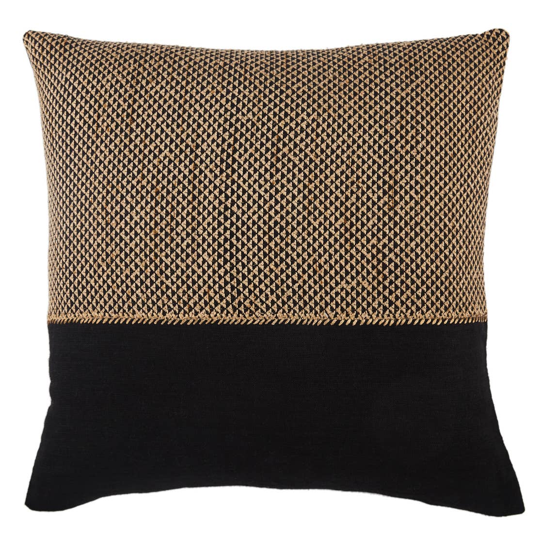 Sophisticated simplicity defines the texturally inspiring Taiga collection. Crafted of soft linen, viscose, and cotton, the Sila pillow boasts a mix of pattern-rich and embroidered details. Deep black and tan tones lend a bold yet versatile complement to any space.  Size: 22" x 22"