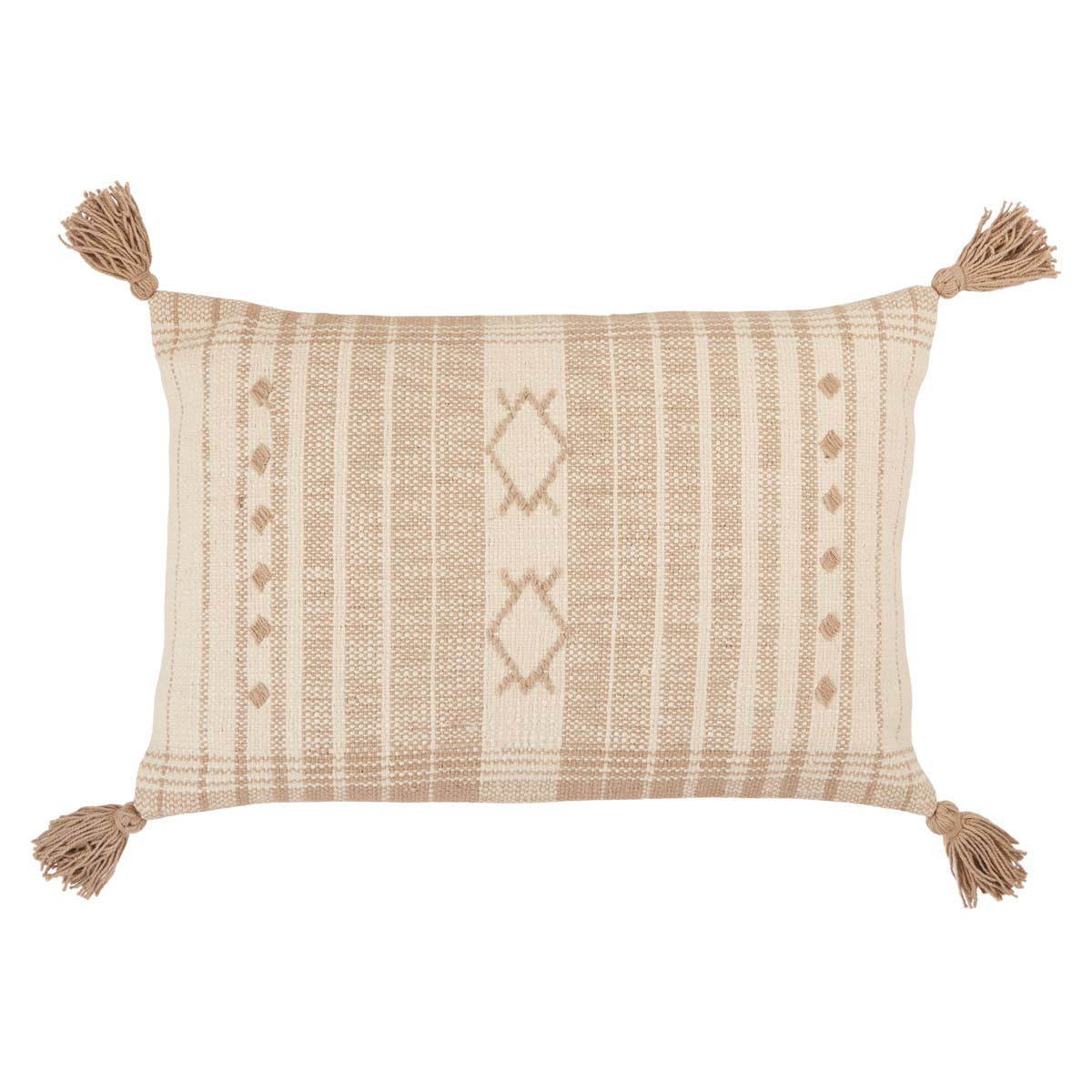 We love the fun tassels found on all four corners of this Parable Razili - Taupe. This pillow showcases a mix of stripe and tribal motifs in chic tones of taupe and cream. Place on your bed or sofa to bring some texture to the space!   Size: 22" x 22"  100% Cotton Zipper Closure India