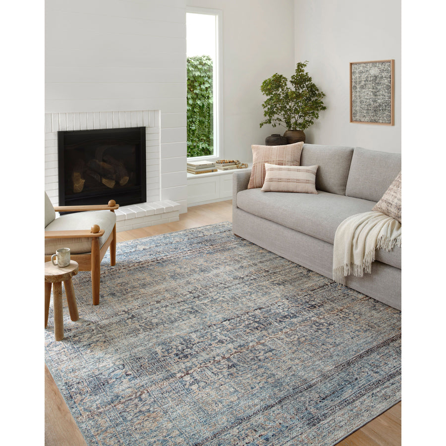 Touting richly saturated colors and a distressed pattern, the Billie Collection captures the look of a well-worn antique rug at a remarkable value. Reminiscent of one-of-a-kind rugs, this Amber Lewis x Loloi collection features random variations in color that render no two pieces exactly alike, creating up to 30% variance in color.  BIL-05 AL Denim / Blush