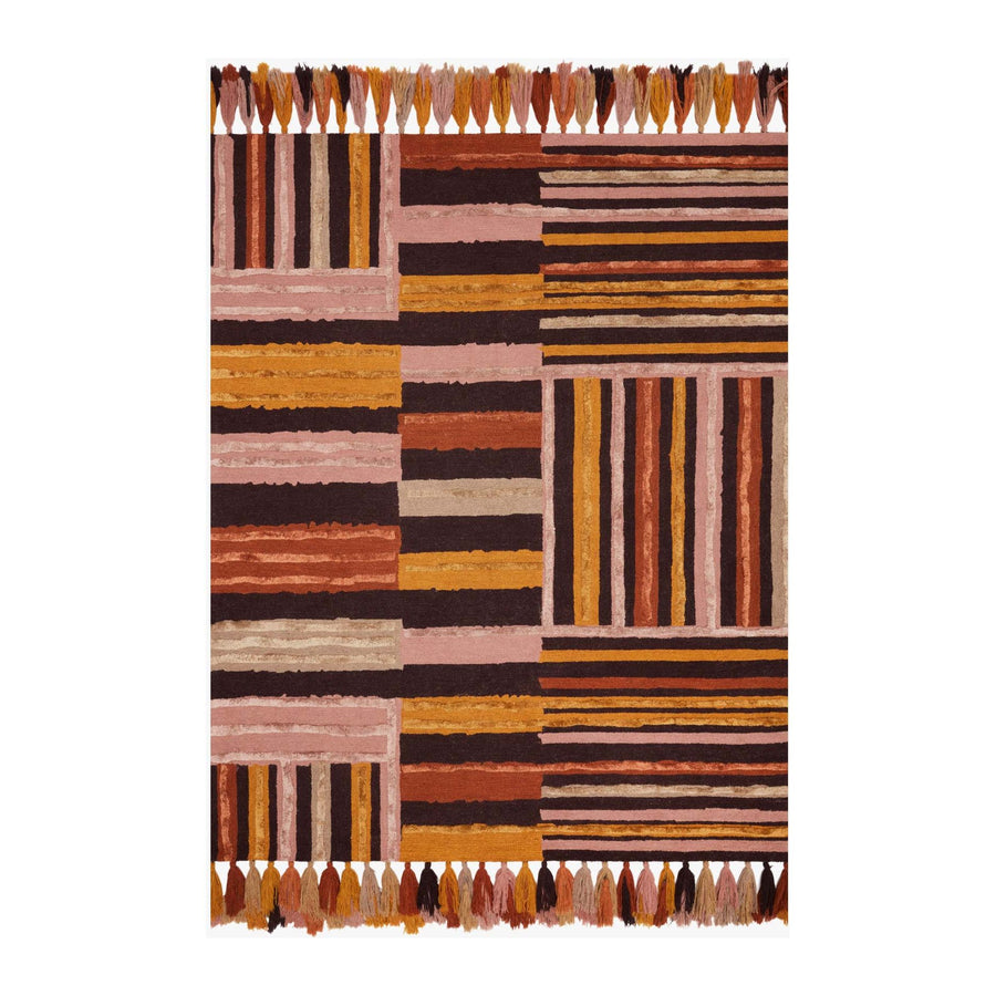 The Jamila Spice/Bordeaux Area Rug is hooked of wool and viscose by artisans in India and offers next level bohemian and eclectic designs. Designed by Justina Blakeney for Loloi, the collection features playful tassels and bold yet current colors, instantly adding personality in any space. Perfect for a bedroom, bathroom, or other low-traffic spaces in your home.   Hooked Wool | Viscose Pile JAA-04 JB Spice/Bordeaux