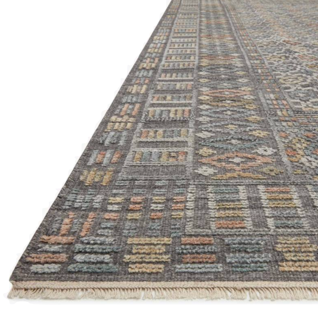 Timeless yet modern, the Nola Charcoal / Multi Area Rug is hand-knotted in India of viscose, cotton, wool and other fibers. The tonal collection showcases an elevated texture, accentuating the pattern in every piece.  Hand Knotted 66% Viscose | 25% Wool | 7% Cotton | 2% Other Fiber Pile NOL-03 Charcoal / Multi