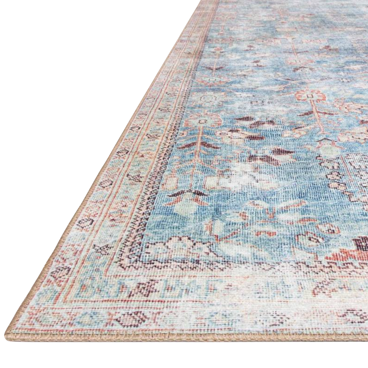 Old soul, new spirit. Power-loomed of 100% polyester, the Wynter Teal / Multi area rug showcases a one-of-a-kind vintage or antique area rug look at an affordable price. This rug brings in tones of blue, ivory, and pink and ideal for high traffic areas due to the rug's durability. The rug is perfect for living rooms, dining rooms, kitchens, hallways, and entryways.  Power Loomed 100% Polyester WYN-06 Teal/Multi Colors: Blue, Ivory, Pink