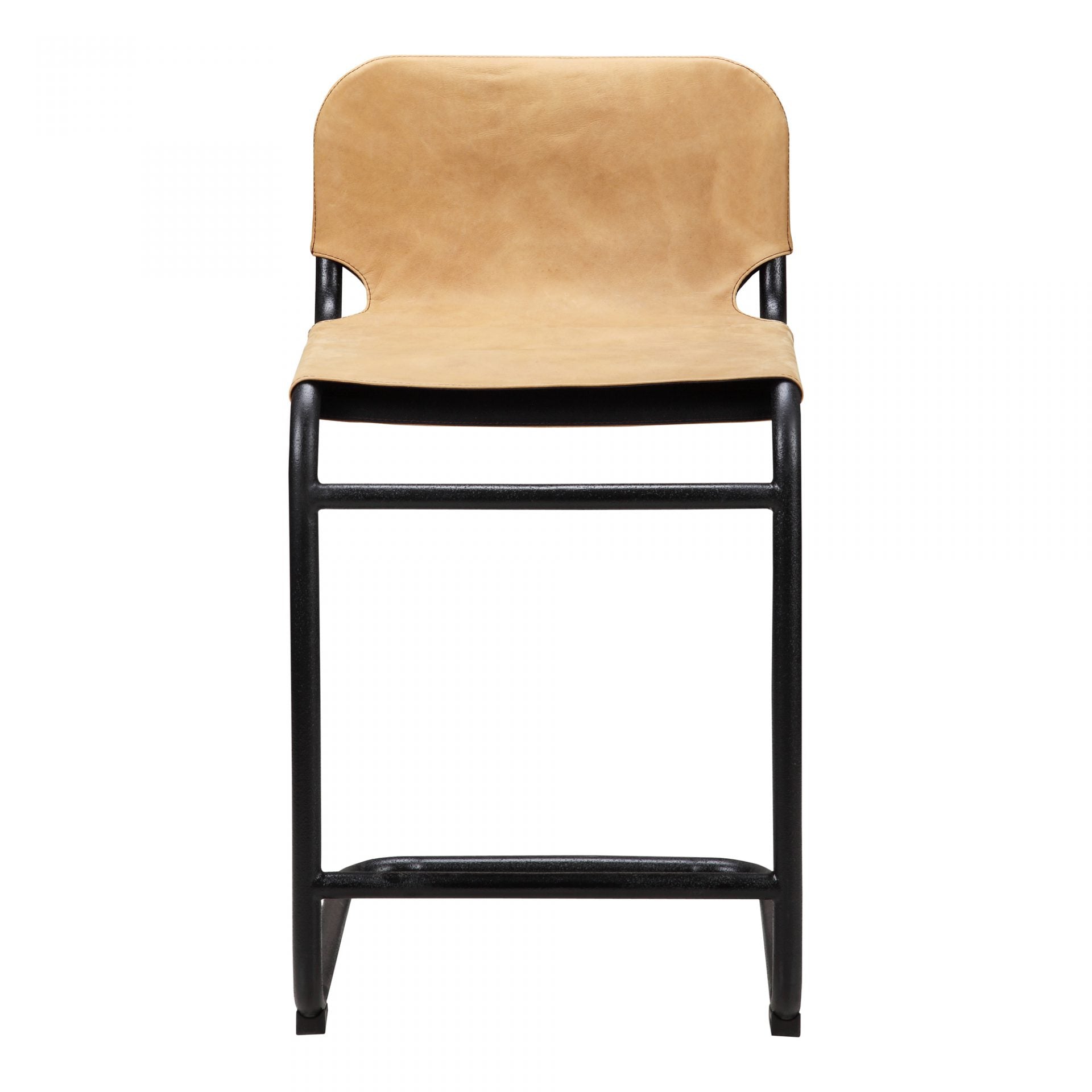 This Baker Counter Stool - Sunbaked Tan Leather has an ultra-supple tan leather seat, supported by a thick black iron frame. Sure to complete the look for any kitchen, island, or other area!   Size: 19"W x 21"D x 35"H