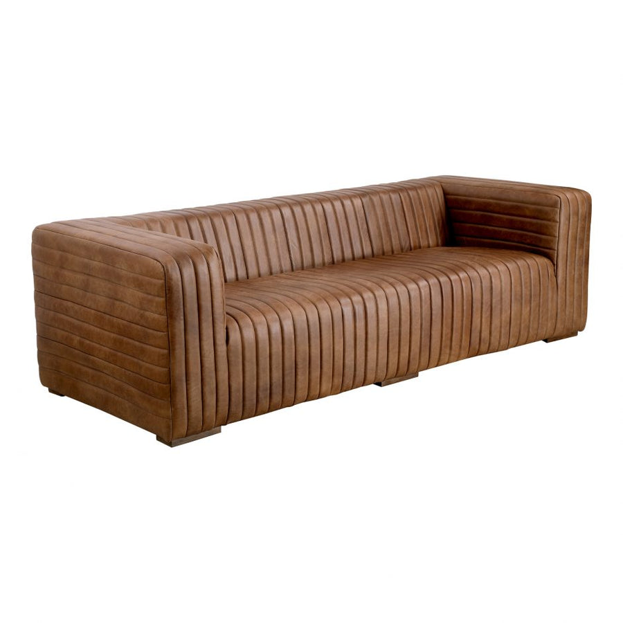 Wrapped in premium, channel-stitched top-grain leather and with spacious seating for 3, this Castle Sofa Cappuccino is a dapper piece to add to any living room or lounge area. With extra deep cushion spring support, this is perfect for unwinding after a long day in.   Dimensions: 94.5"W x 40.5"D x 27.5"H  Seat Height: 17" Back Height: 10" Arm Height: 10" 