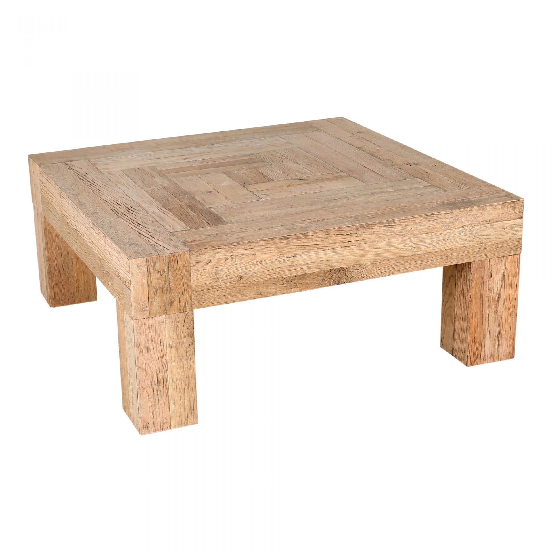 Formed from solid reclaimed oak, the Evander Coffee Table features wild grains and knots, producing a unique surface alongside its modern, blocked construction. We'd love to see this featured in your living room, lounge area, or others space!  Dimensions: 39.5"W x 39.5"D x 16.5"H  Materials:  Solid Reclaimed Oak Frame, Oak Veneer over Plywood